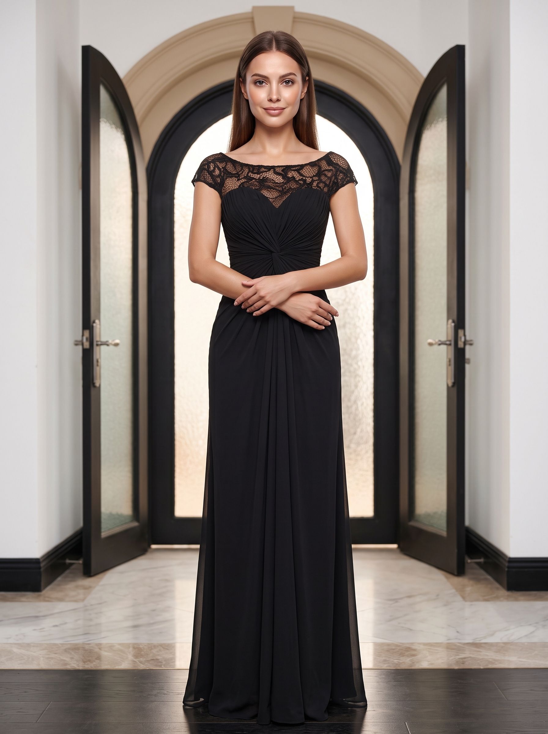 Black Chiffon & Lace Sheath Scoop Neck Illusion Floor-Length Dress with Ruched Bodice