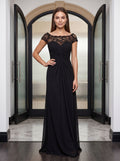 Black Chiffon & Lace Sheath Scoop Neck Illusion Floor-Length Dress with Ruched Bodice