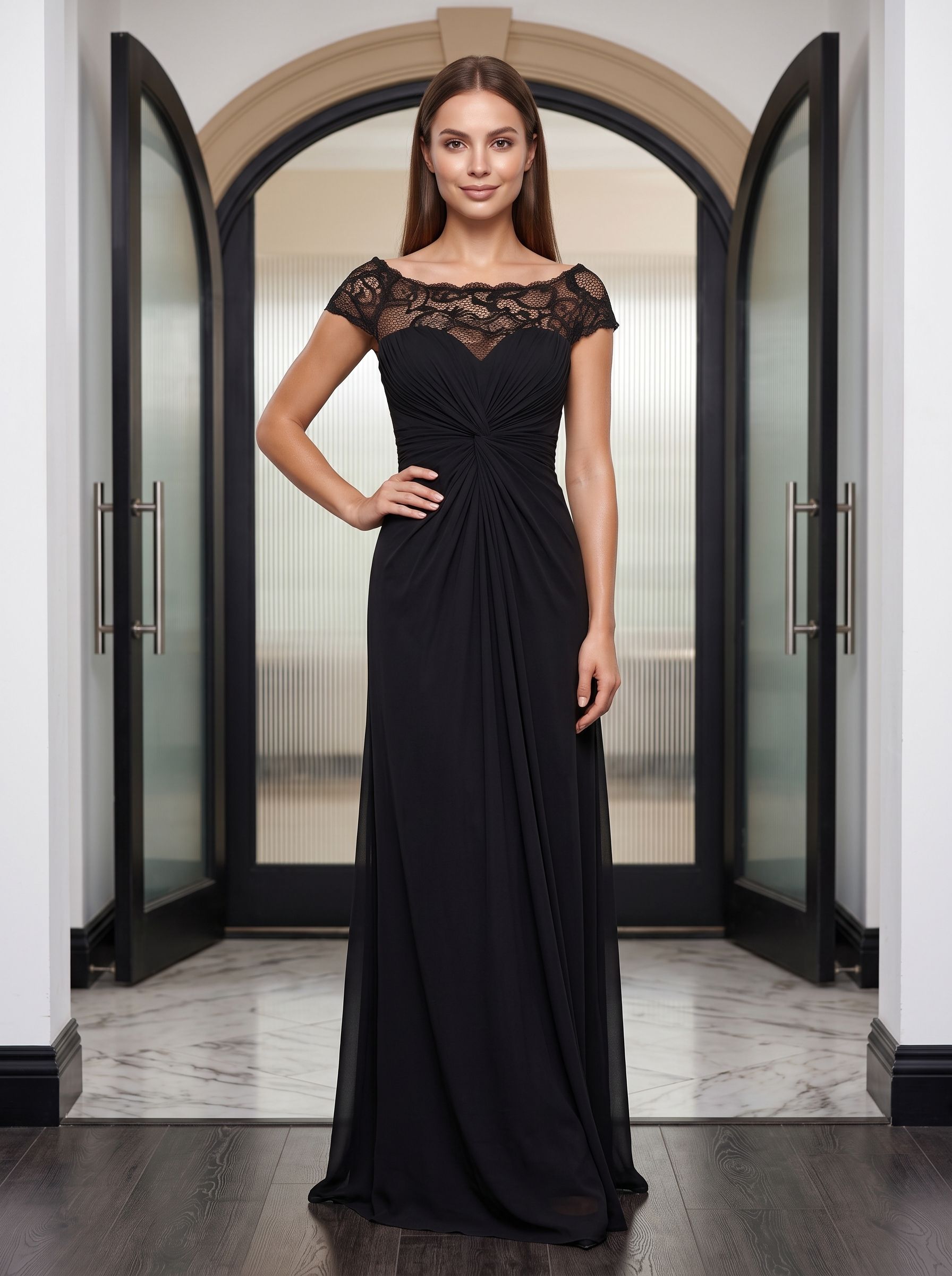 Black Chiffon & Lace Sheath Scoop Neck Illusion Floor-Length Dress with Ruched Bodice