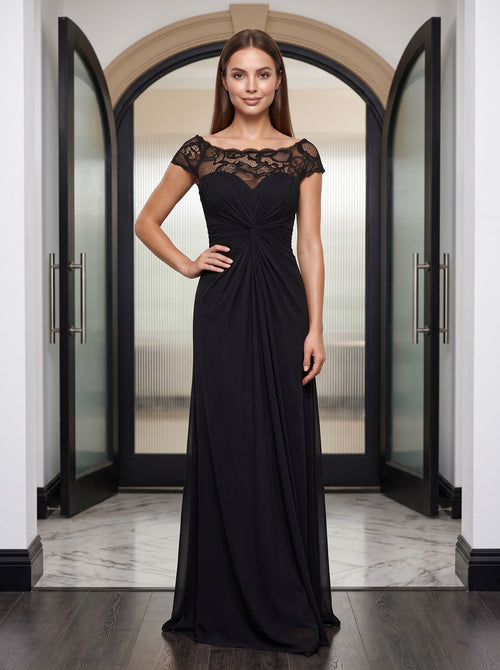 Black Chiffon & Lace Sheath Scoop Neck Illusion Floor-Length Dress with Ruched Bodice