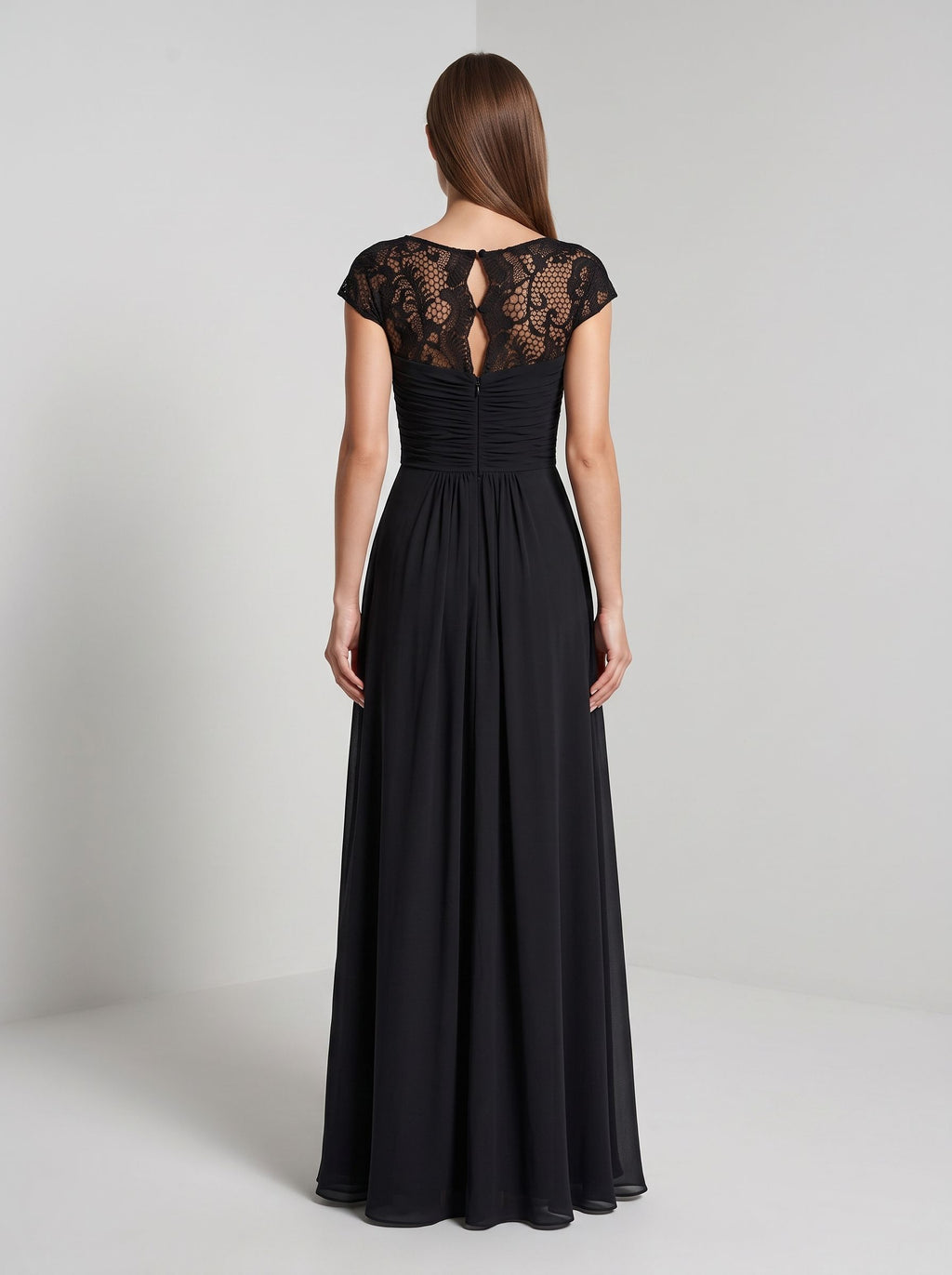 Black Chiffon & Lace Sheath Scoop Neck Illusion Floor-Length Dress with Ruched Bodice