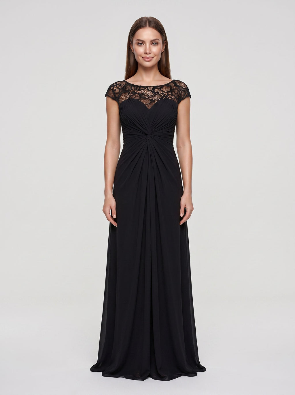 Black Chiffon & Lace Sheath Scoop Neck Illusion Floor-Length Dress with Ruched Bodice