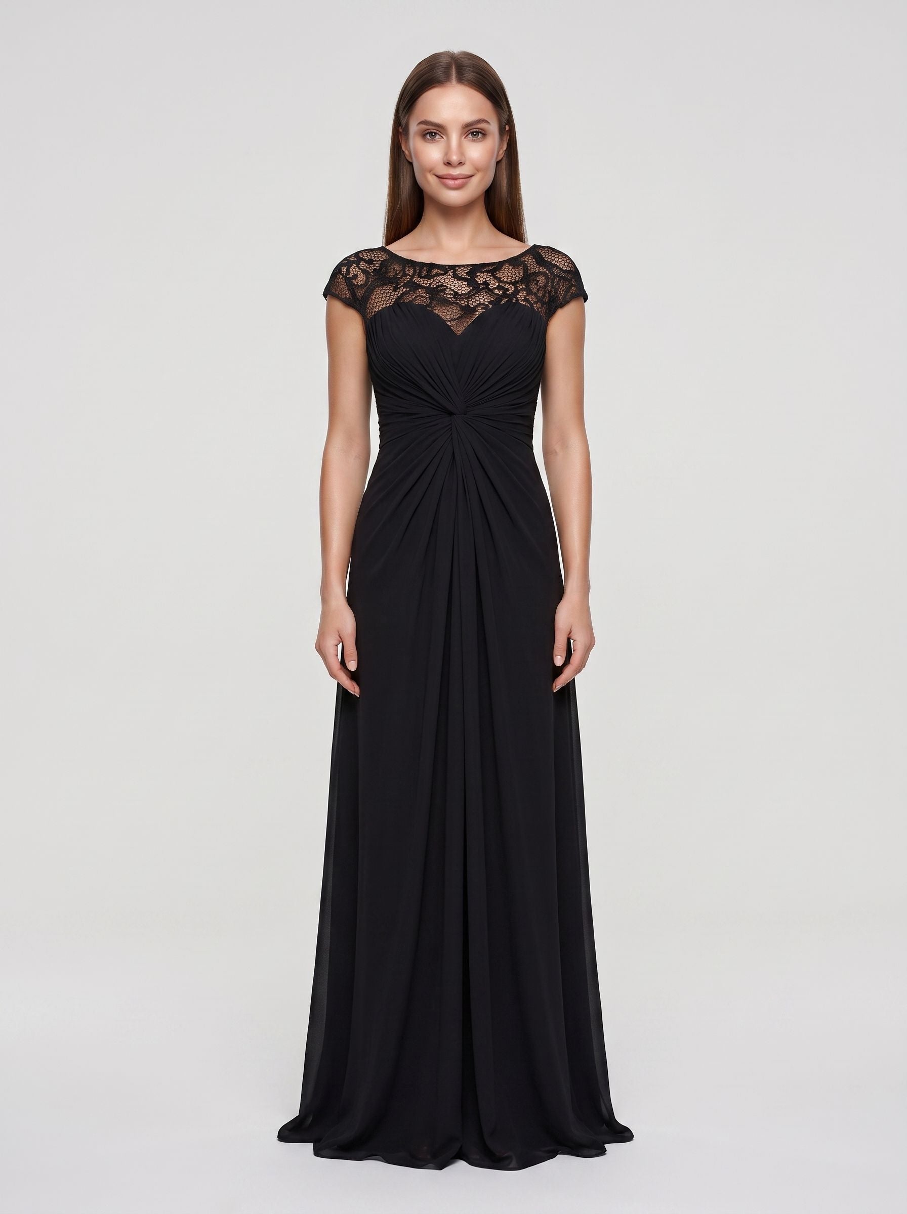 Black Chiffon & Lace Sheath Scoop Neck Illusion Floor-Length Dress with Ruched Bodice