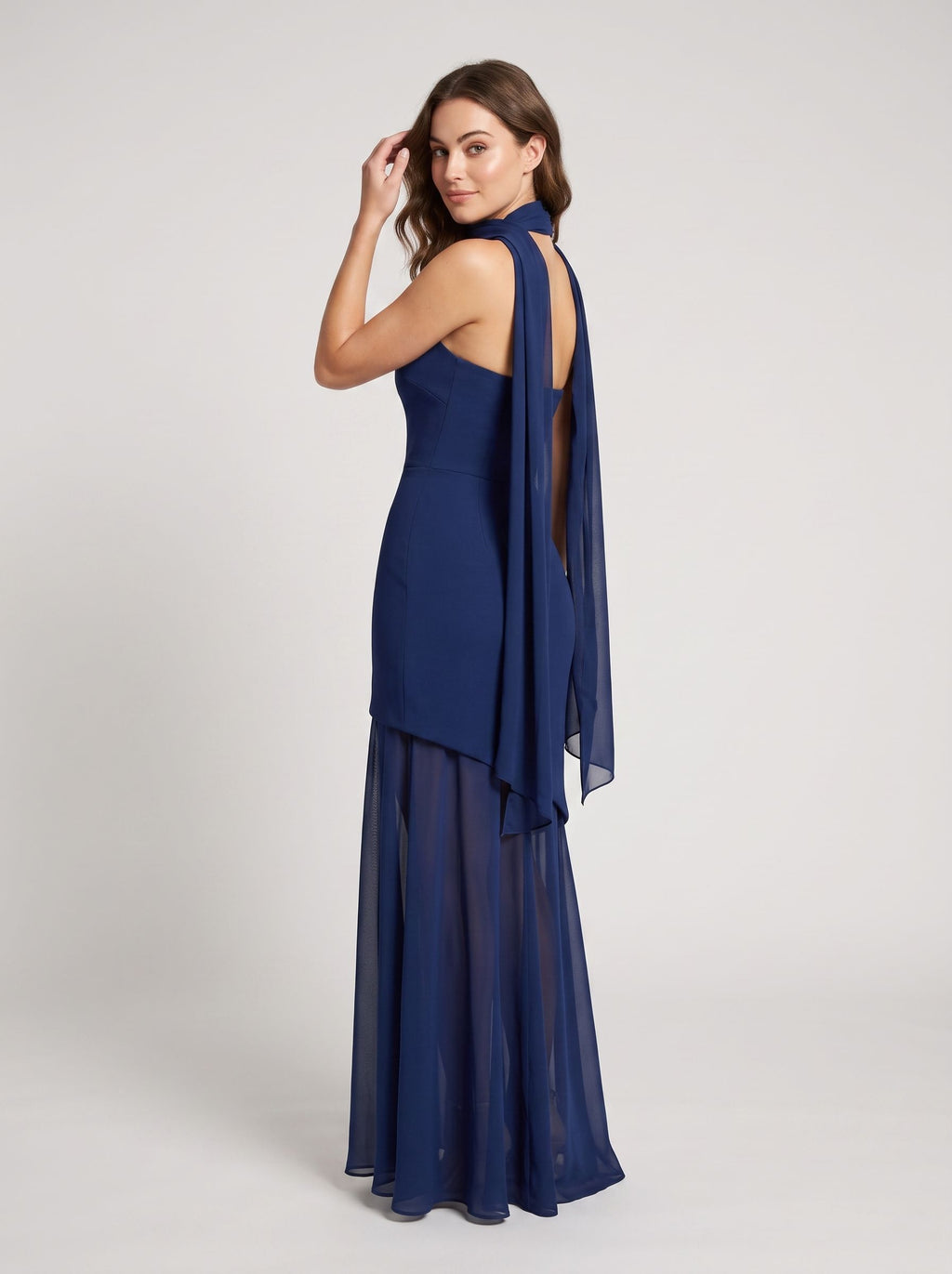 Navy Blue Chiffon Mermaid Straight Neck Back Zip Floor-Length Dress with Scarf