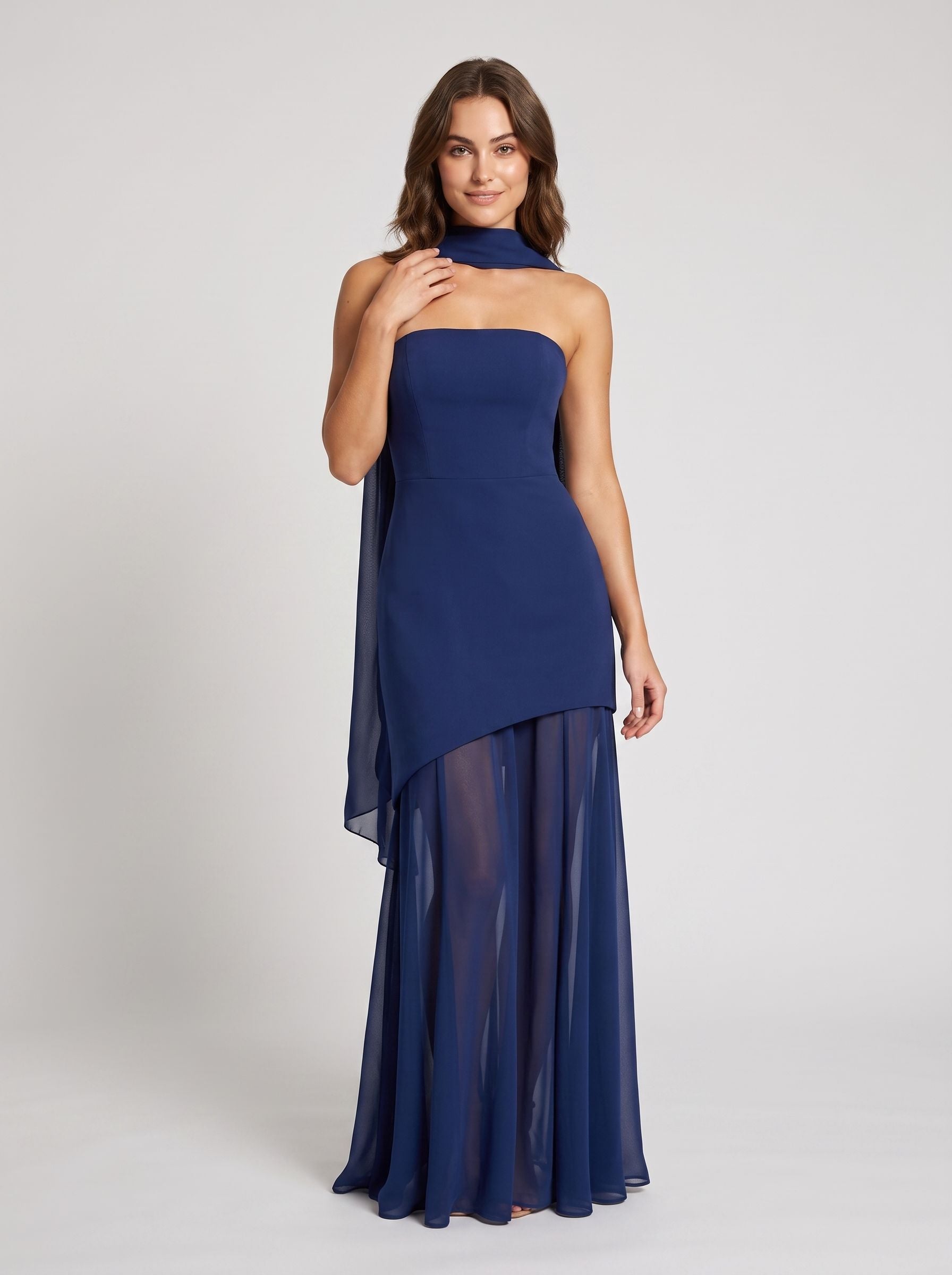 Navy Blue Chiffon Mermaid Straight Neck Back Zip Floor-Length Dress with Scarf