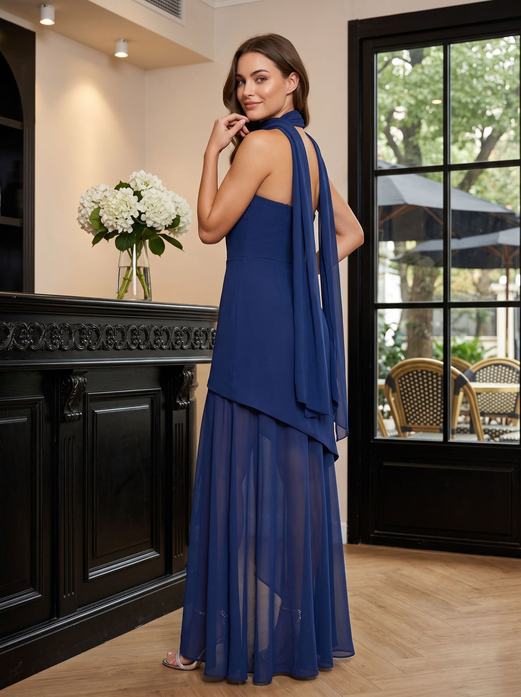 Navy Blue Chiffon Mermaid Straight Neck Back Zip Floor-Length Dress with Scarf