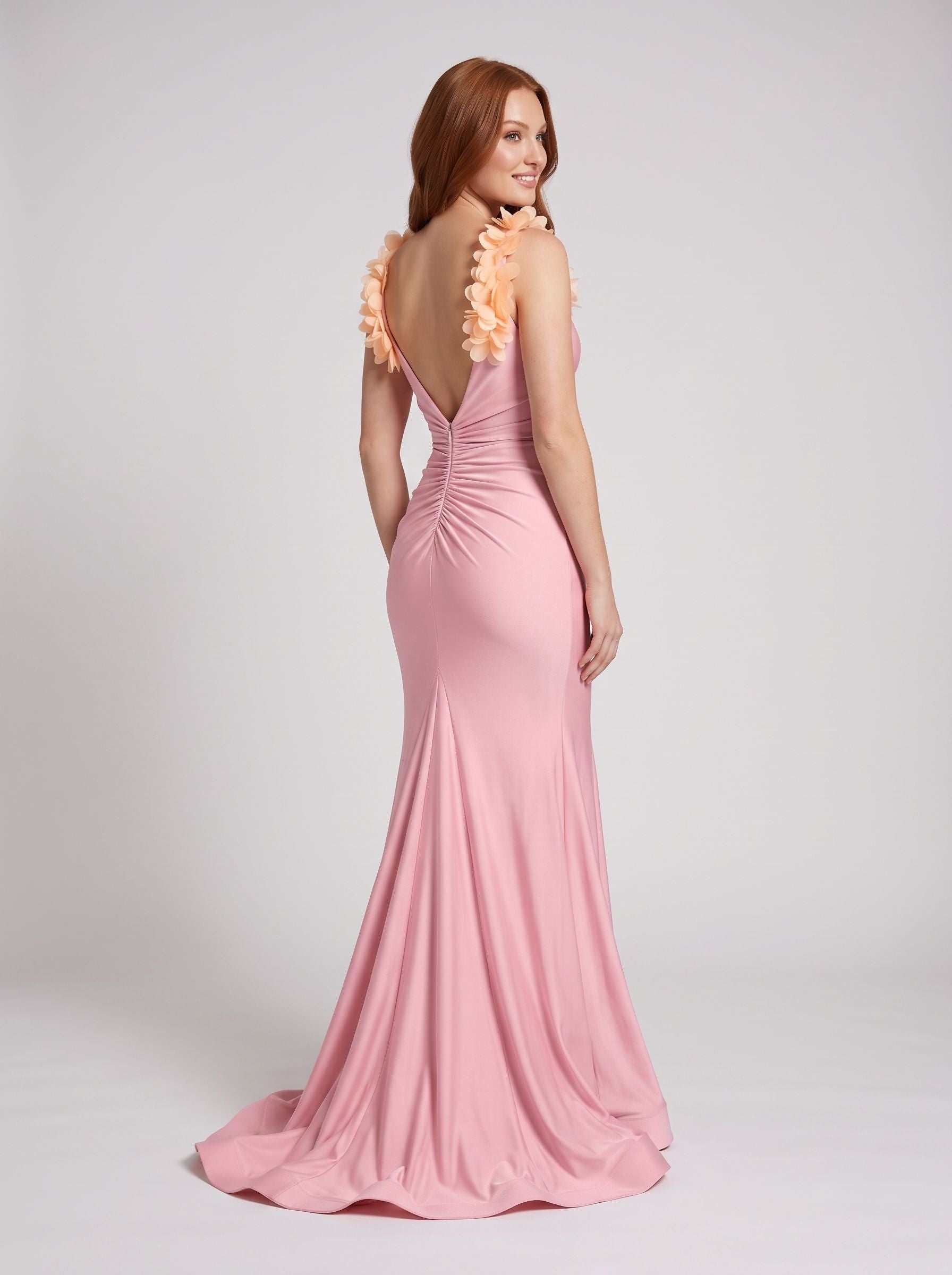 Navy Blue Stretch Knit Mermaid V-Neck Back Zip Floor-Length Dress with 3D Floral Straps