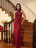 Rust Satin Mermaid Halter neckline Backless Floor-Length Dress with Beaded Appliques