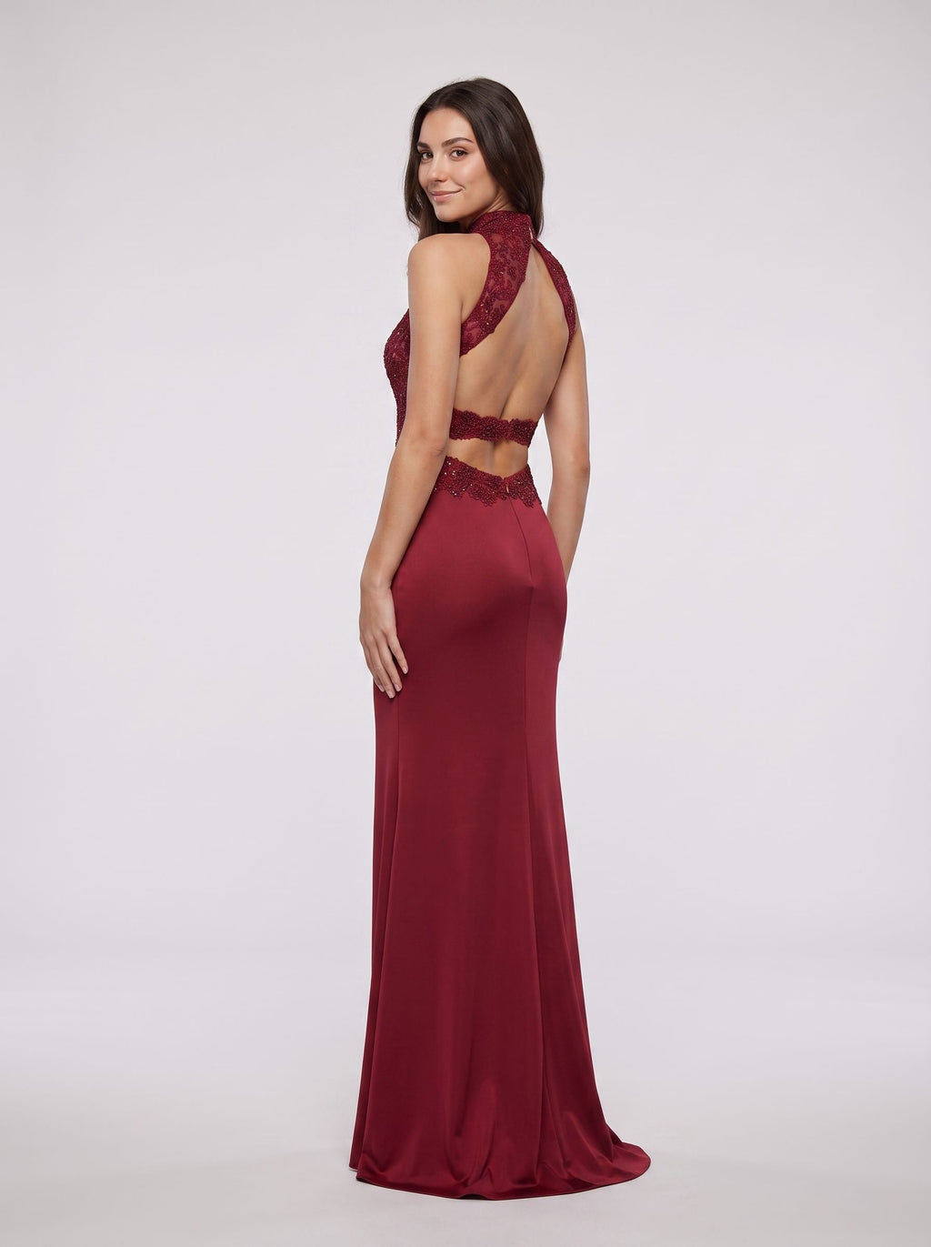 Rust Satin Mermaid Halter neckline Backless Floor-Length Dress with Beaded Appliques