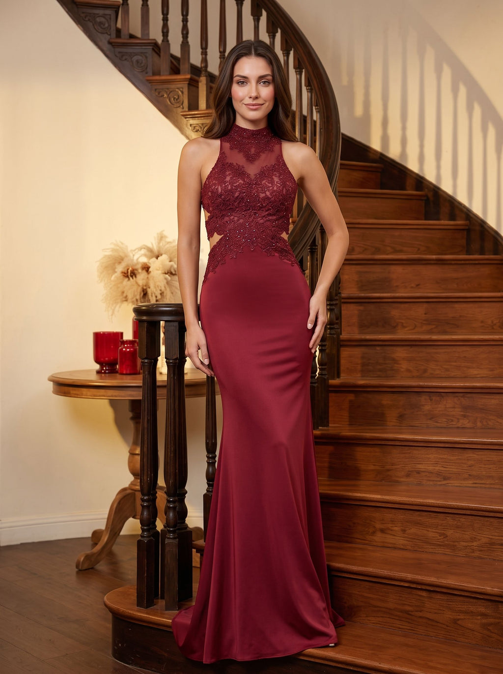 Rust Satin Mermaid Halter neckline Backless Floor-Length Dress with Beaded Appliques