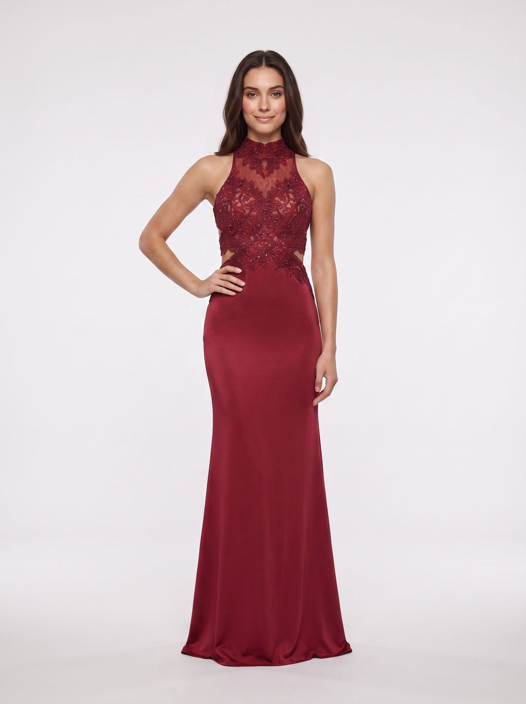 Rust Satin Mermaid Halter neckline Backless Floor-Length Dress with Beaded Appliques