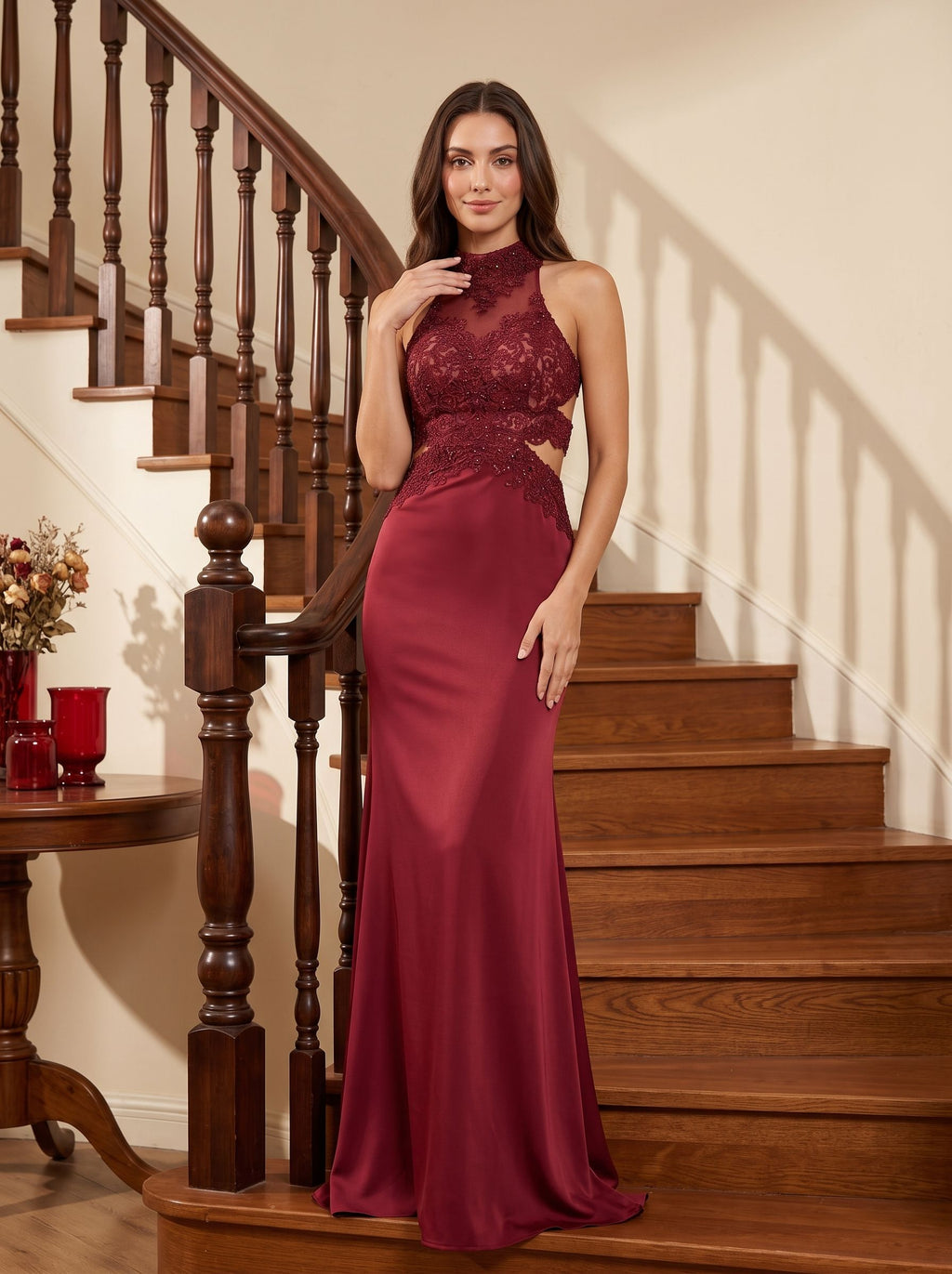 Rust Satin Mermaid Halter neckline Backless Floor-Length Dress with Beaded Appliques