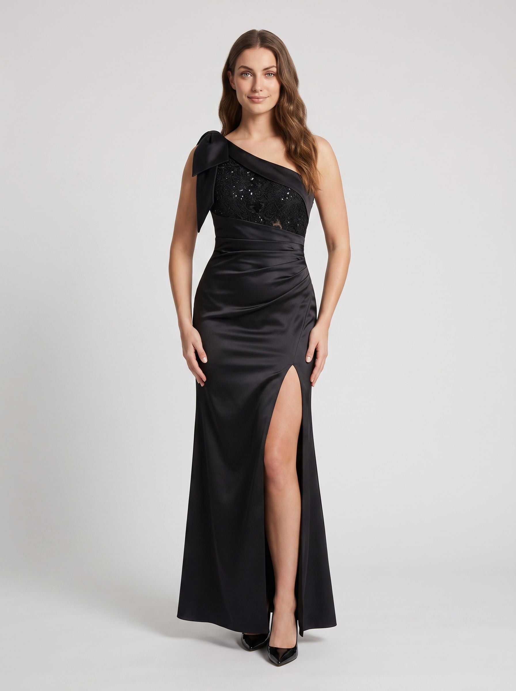 Black Satin Mermaid One Shoulder Back Zip Floor-Length Dress with Beading & Slit