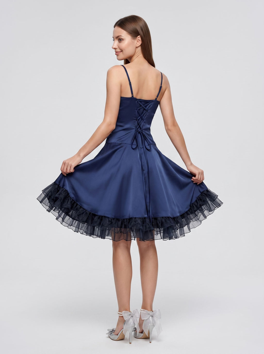 Navy Blue Satin A-Line Straight Neck Criss-Cross Straps Short Dress with Ruffled Hem