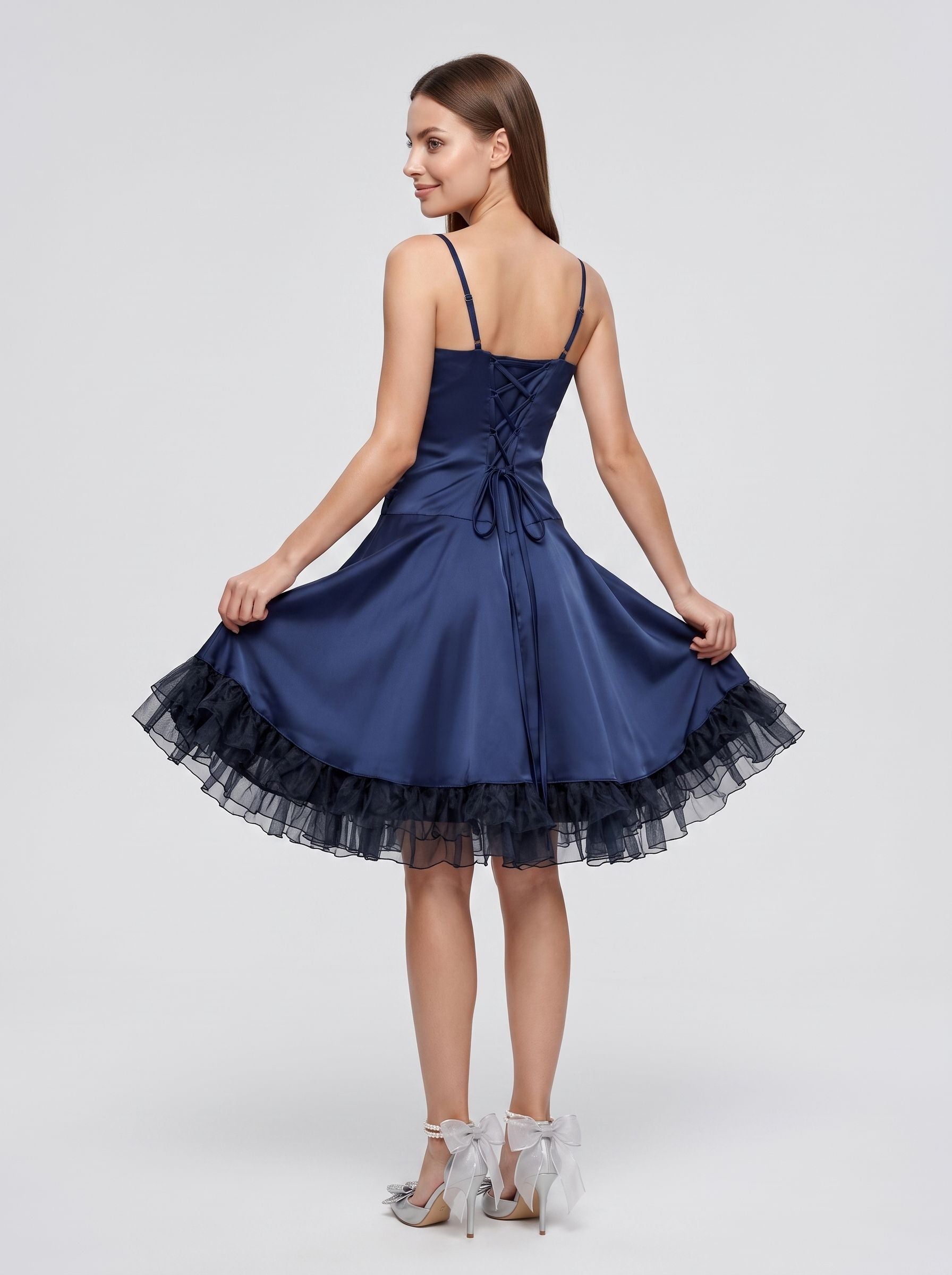Navy Blue Satin A-Line Straight Neck Criss-Cross Straps Short Dress with Ruffled Hem