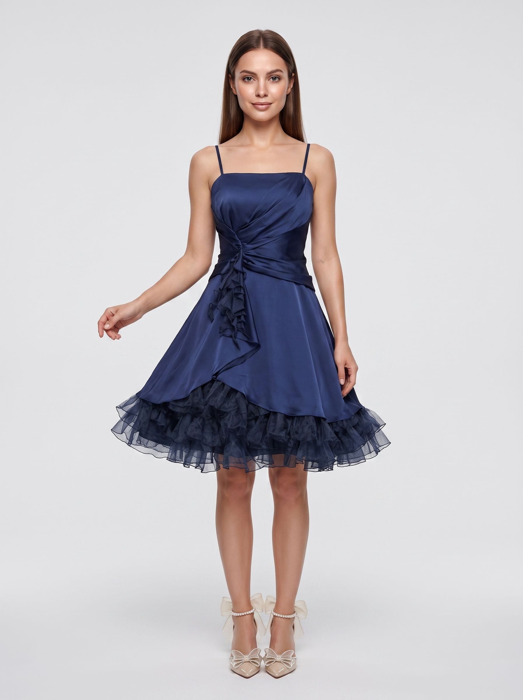 Navy Blue Satin A-Line Straight Neck Criss-Cross Straps Short Dress with Ruffled Hem