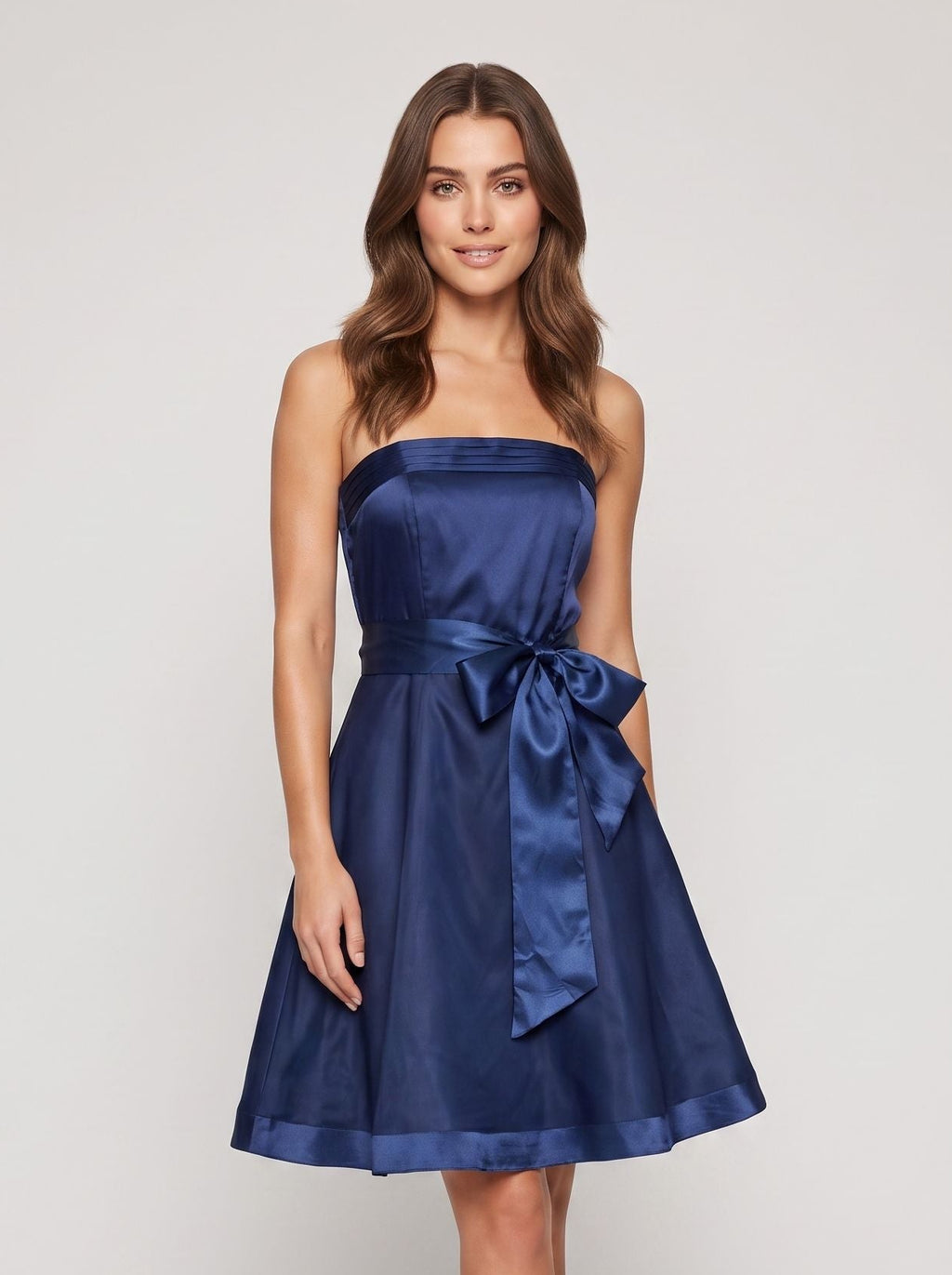 Navy Blue Satin A-Line Straight Neck Back Zip Short Dress with Pleating