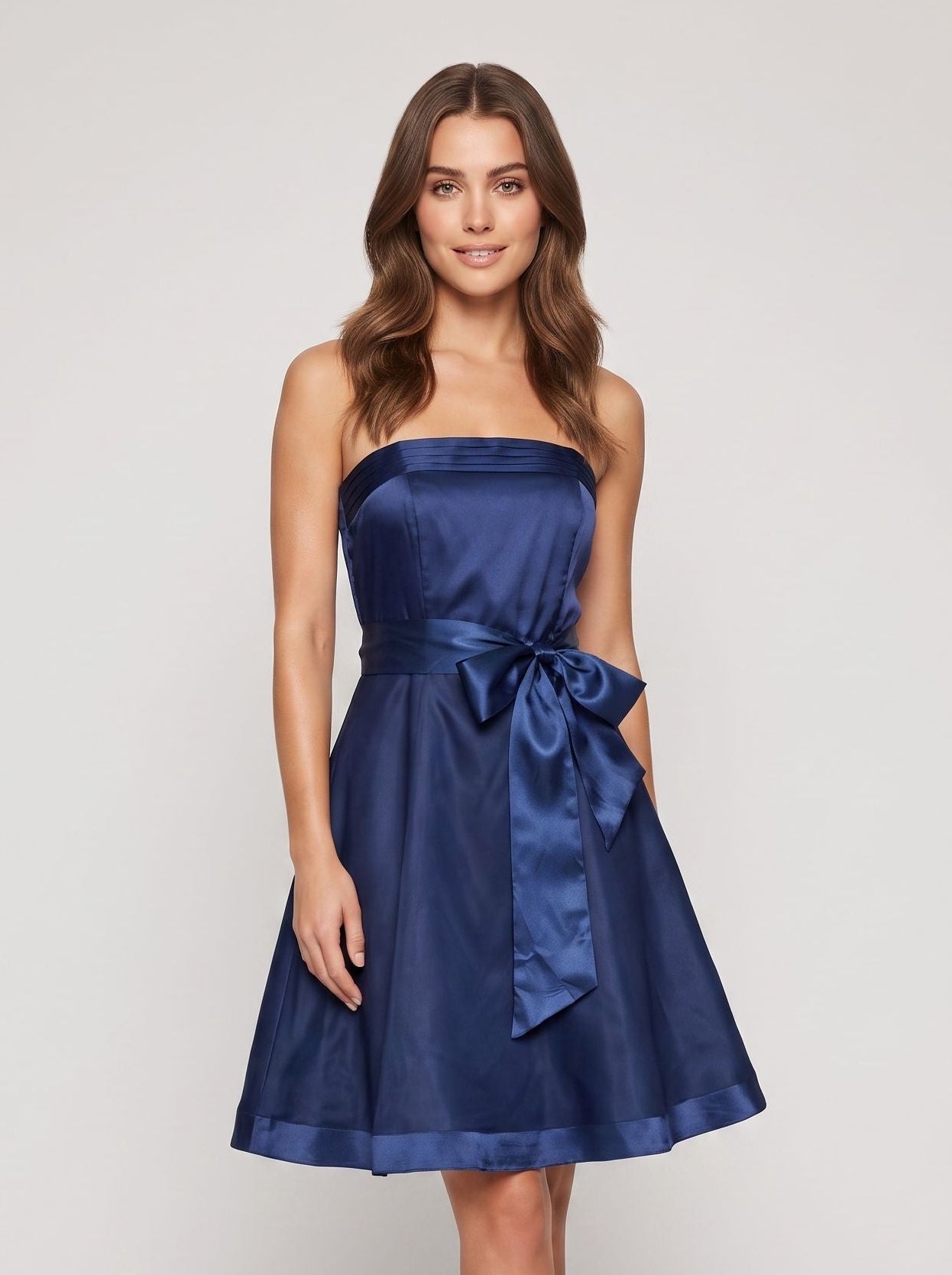 Navy Blue Satin A-Line Straight Neck Back Zip Short Dress with Pleating