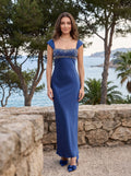 Navy Blue Satin Mermaid Straight Neck Back Zip Floor-Length Dress with Beaded Bodice & Side Slit