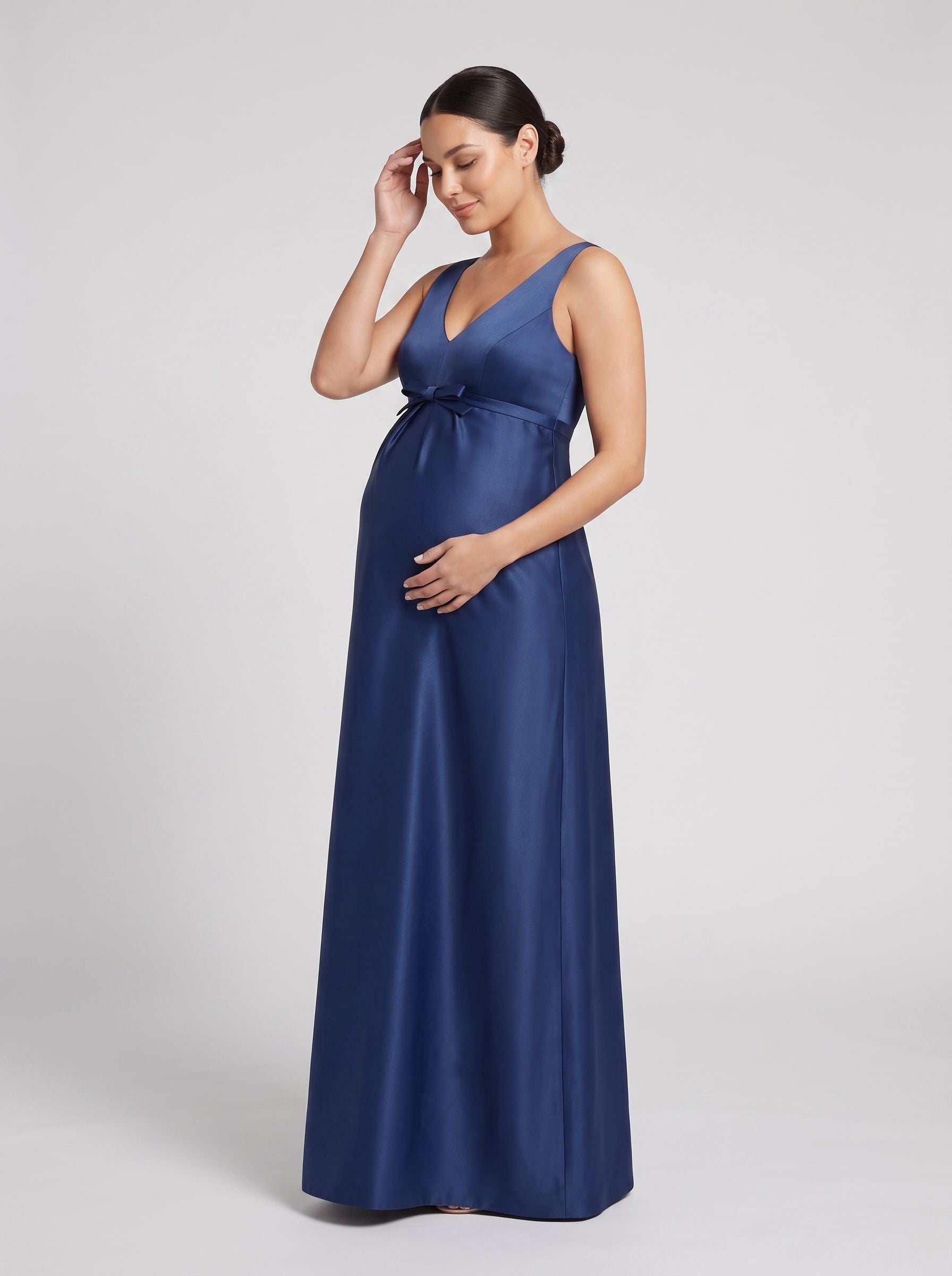 Navy Blue Satin Empire V-Neck V-Back Floor-Length Dress with Pleated Waist