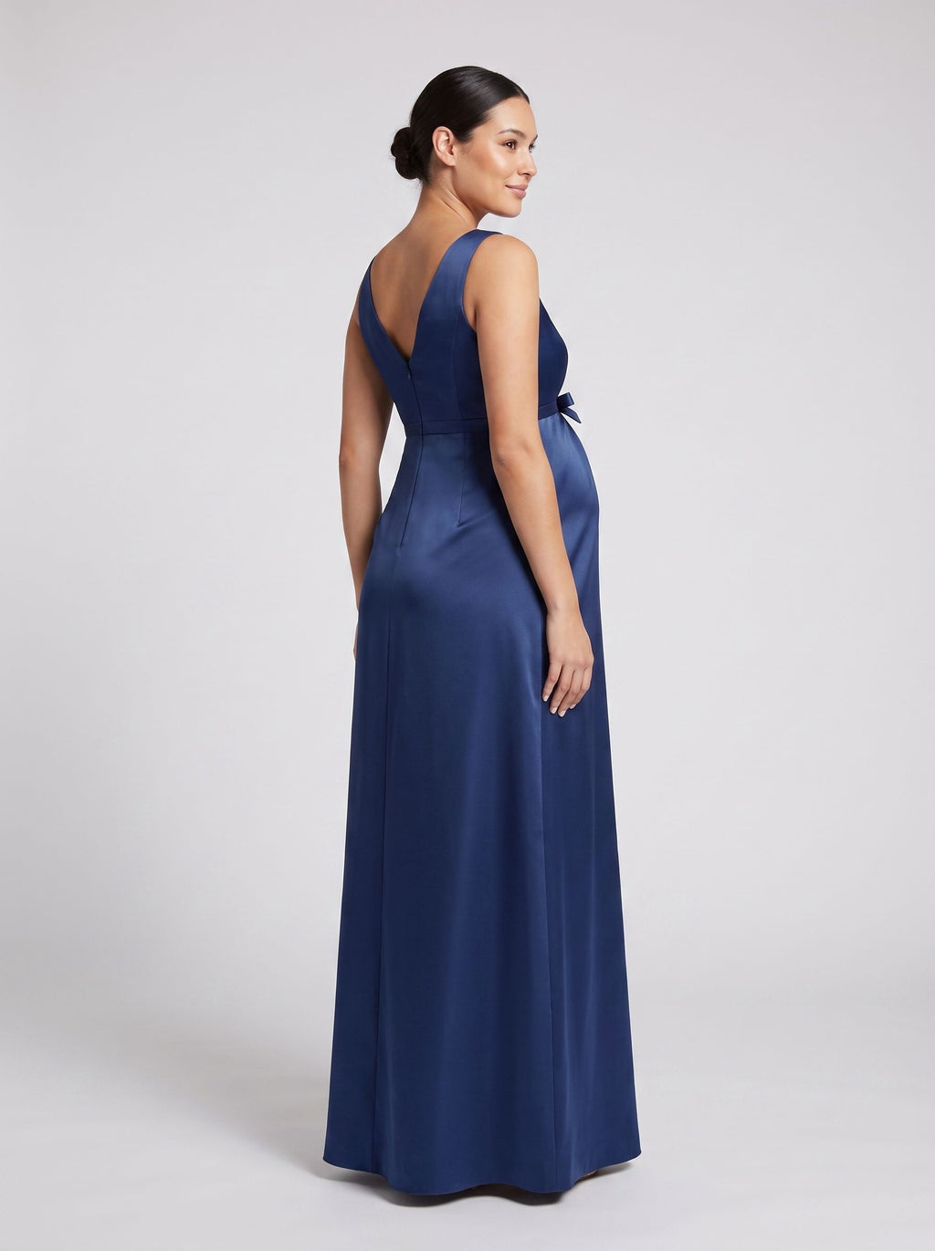 Navy Blue Satin Empire V-Neck V-Back Floor-Length Dress with Pleated Waist