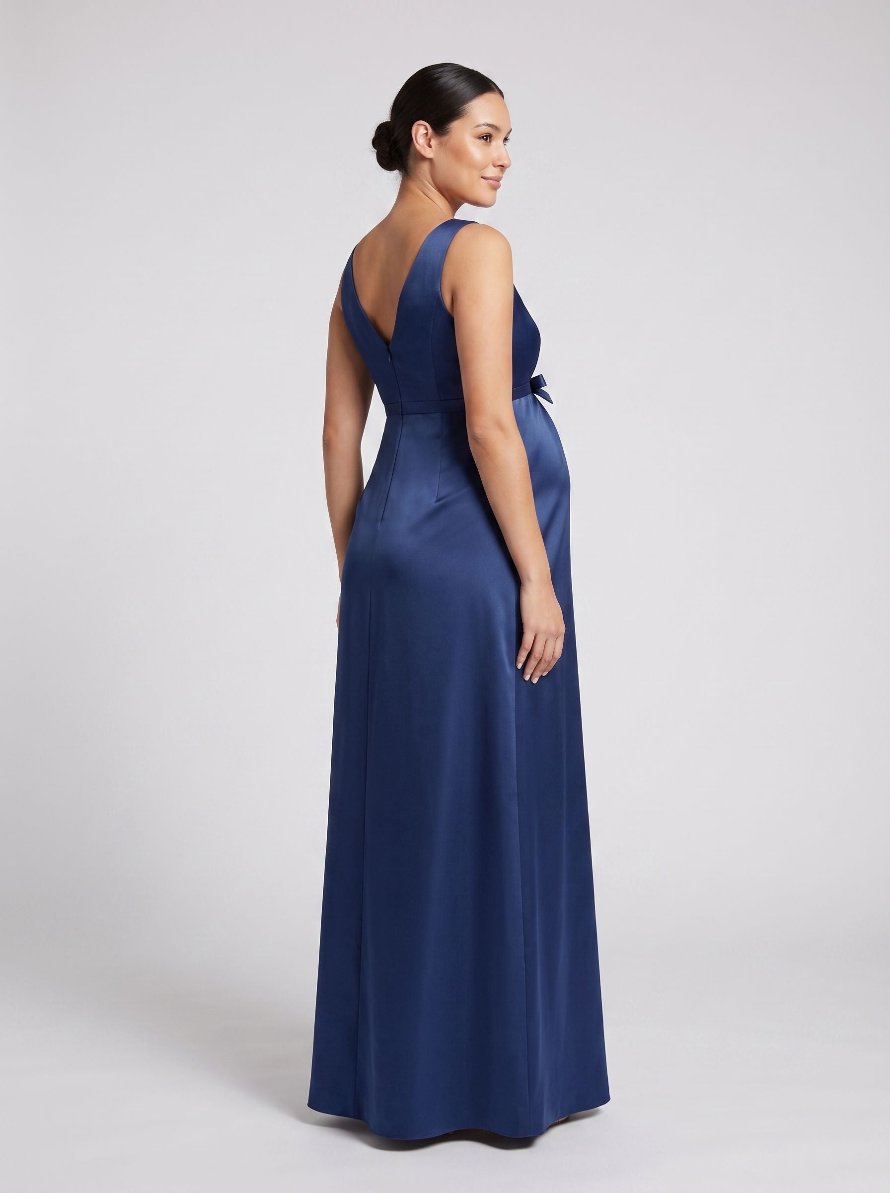 Navy Blue Satin Empire V-Neck V-Back Floor-Length Dress with Pleated Waist