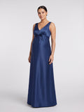 Navy Blue Satin Empire V-Neck V-Back Floor-Length Dress with Pleated Waist