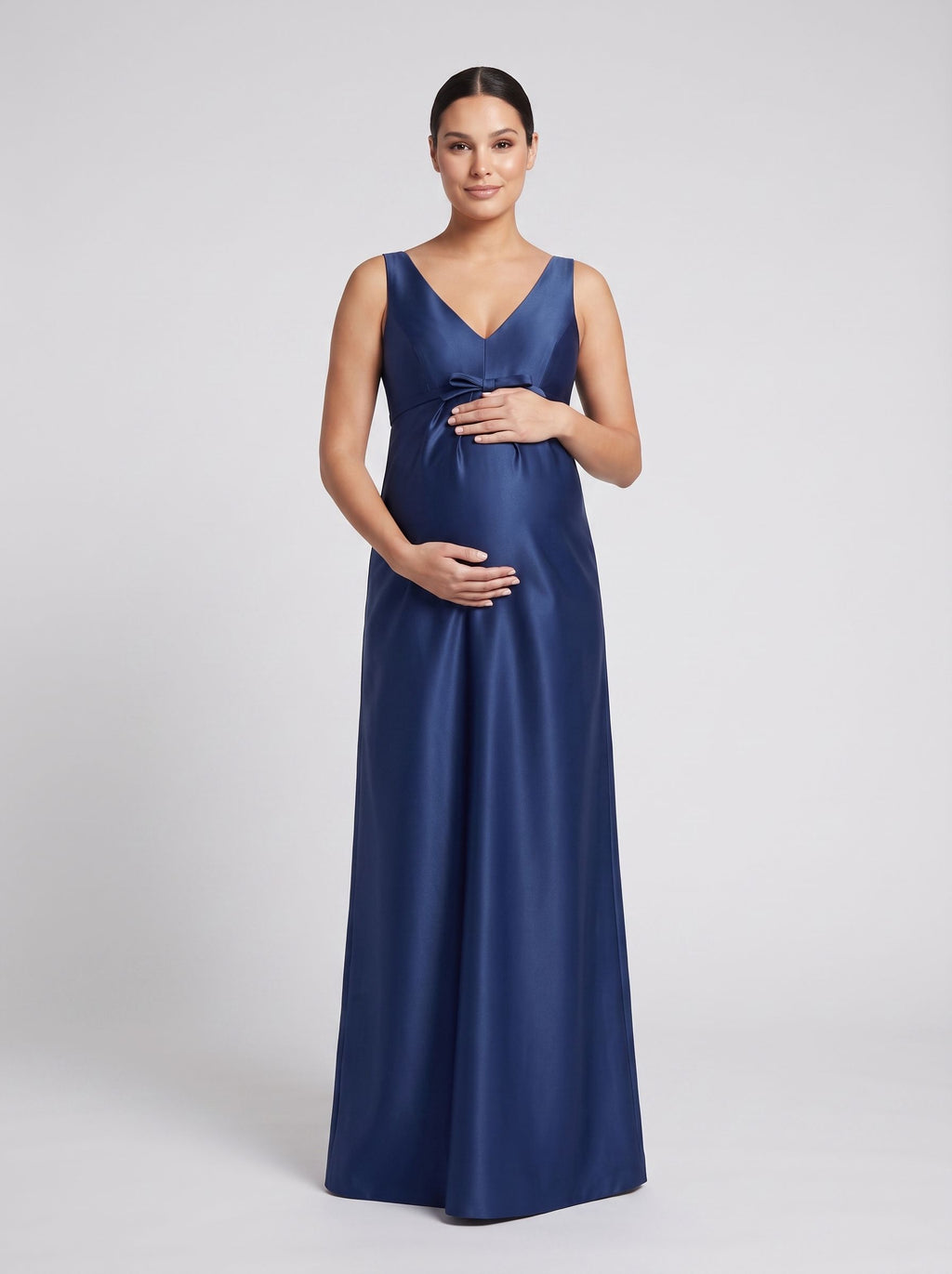 Navy Blue Satin Empire V-Neck V-Back Floor-Length Dress with Pleated Waist