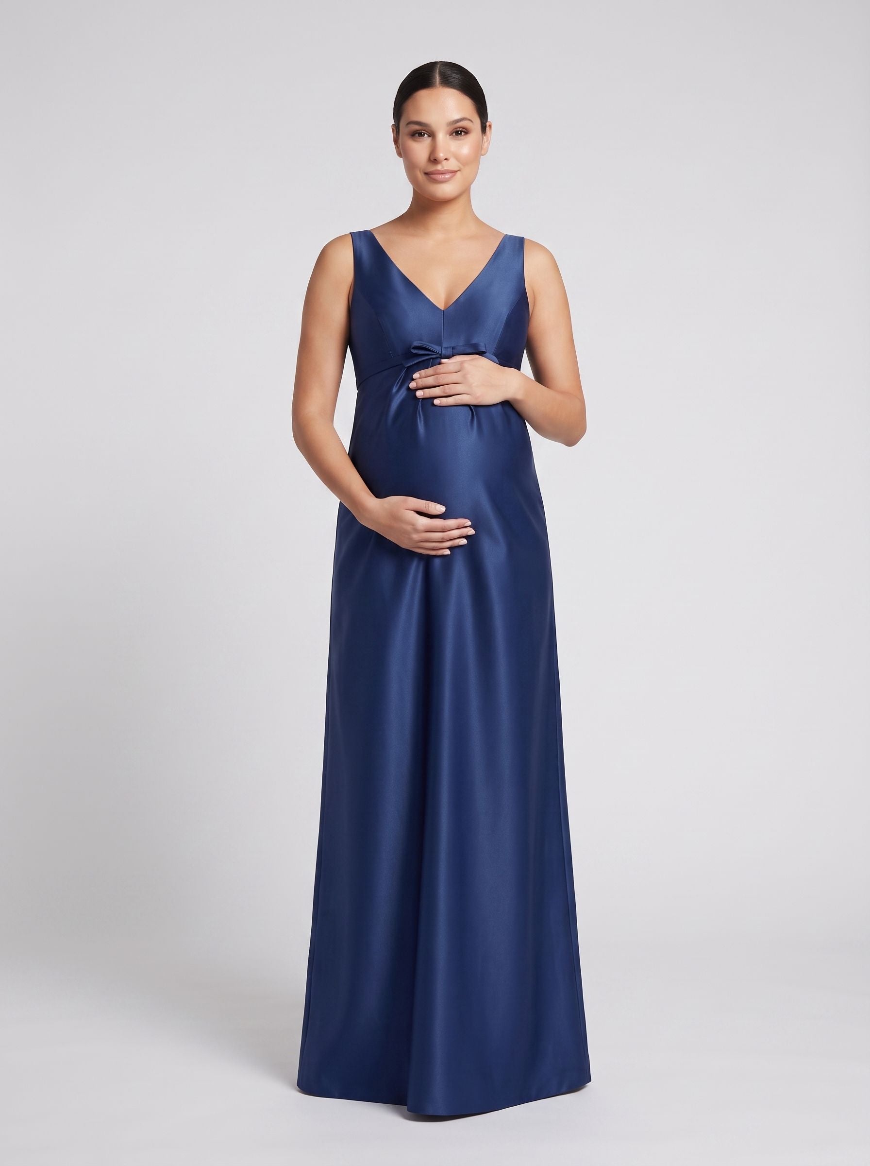 Navy Blue Satin Empire V-Neck V-Back Floor-Length Dress with Pleated Waist