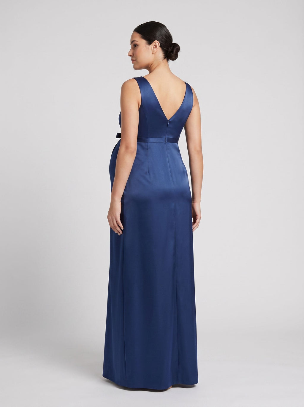 Navy Blue Satin Empire V-Neck V-Back Floor-Length Dress with Pleated Waist