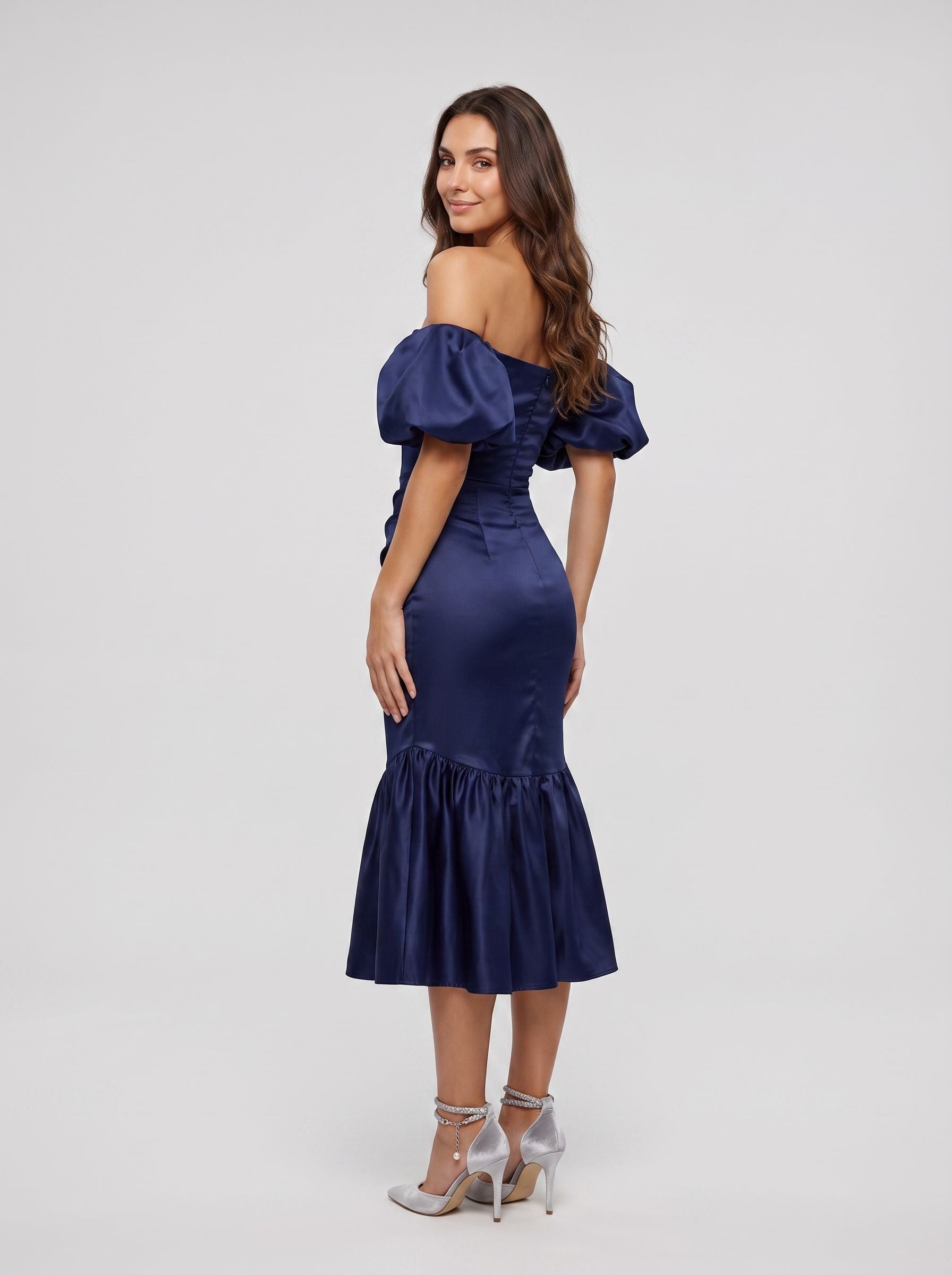 Navy Blue Satin column Straight Neck Back Zip Tea-Length Dress with Minimalist Bodice