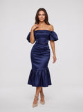 Navy Blue Satin column Straight Neck Back Zip Tea-Length Dress with Minimalist Bodice