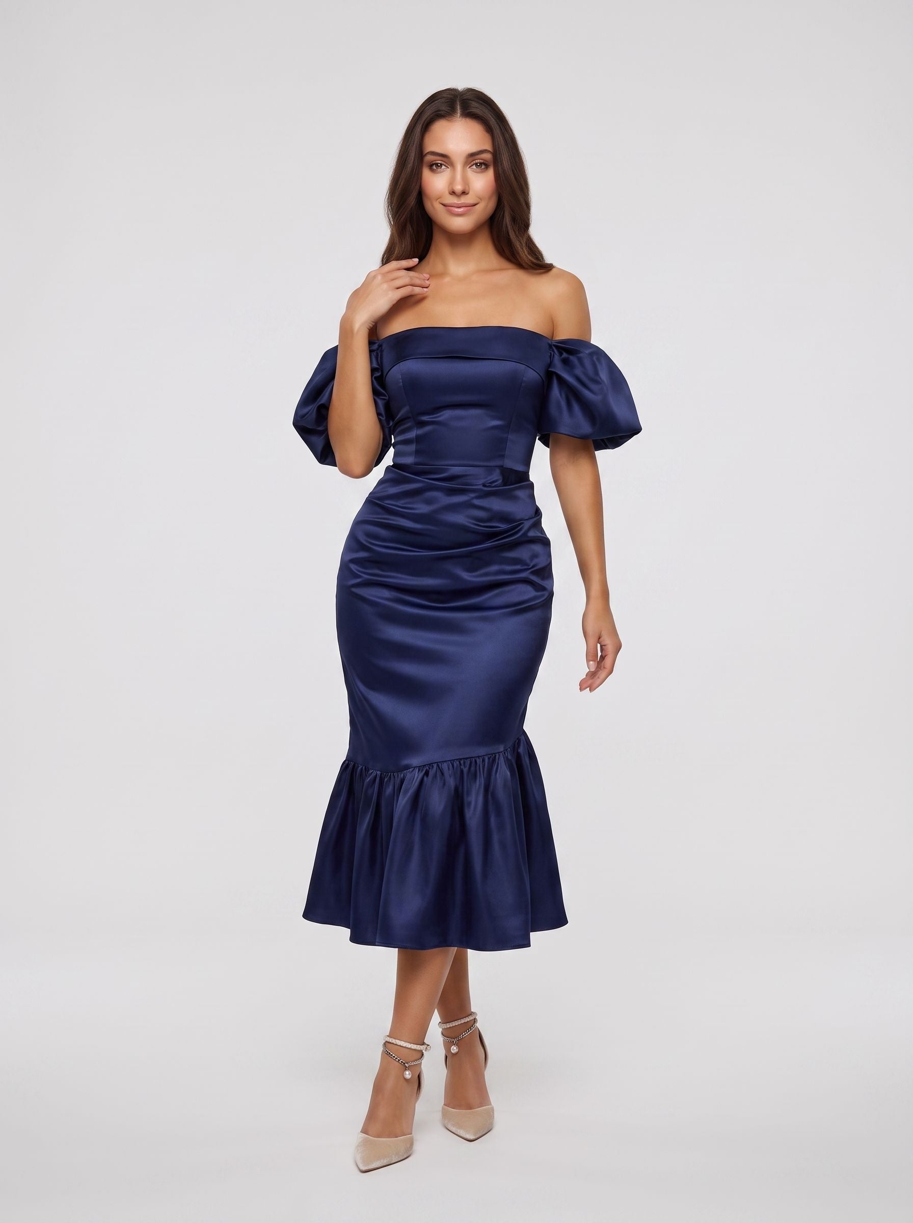 Navy Blue Satin column Straight Neck Back Zip Tea-Length Dress with Minimalist Bodice
