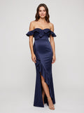 Navy Blue Satin Mermaid Off-the-Shoulder Back Zip Floor-Length Dress with Draped Bodice and High Side Slit
