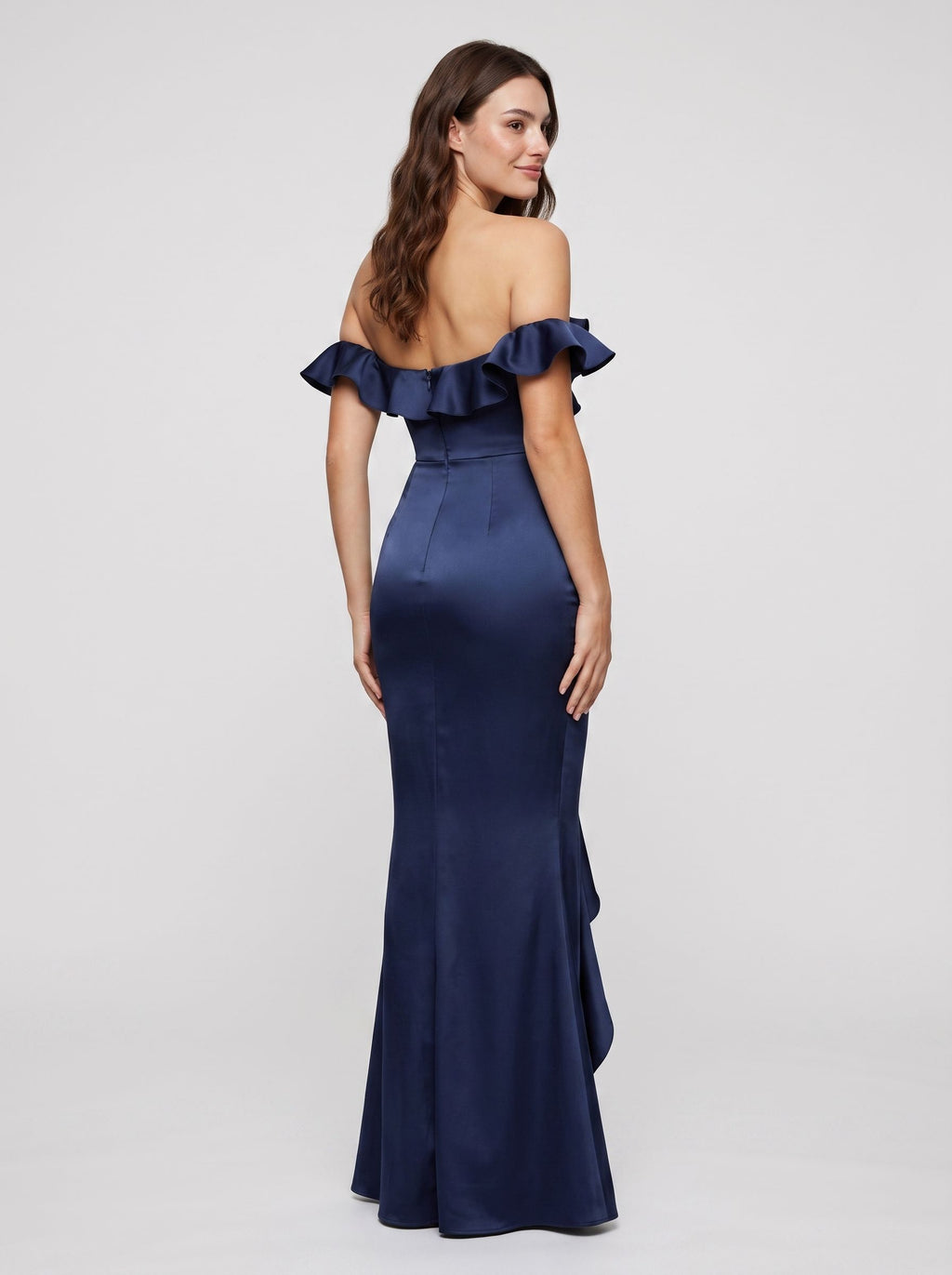 Navy Blue Satin Mermaid Off-the-Shoulder Back Zip Floor-Length Dress with Draped Bodice and High Side Slit