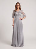 Silver Chiffon A-Line Scoop Neck Back Zip Floor-Length Dress with Sequin Bodice and Half Sleeves