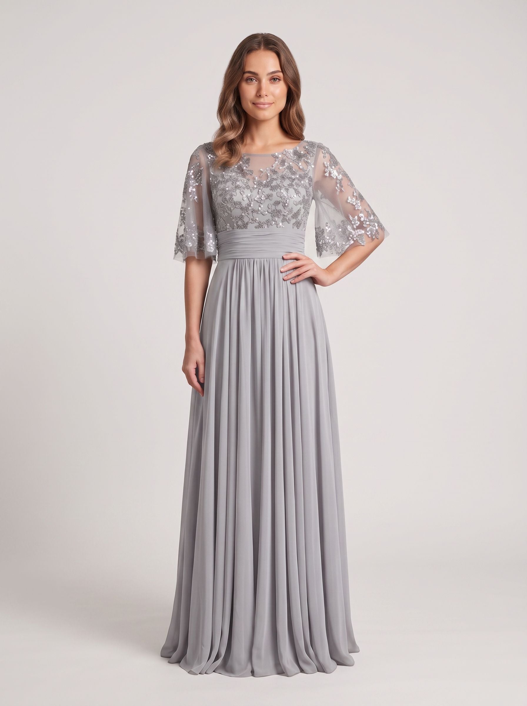 Silver Chiffon A-Line Scoop Neck Back Zip Floor-Length Dress with Sequin Bodice and Half Sleeves