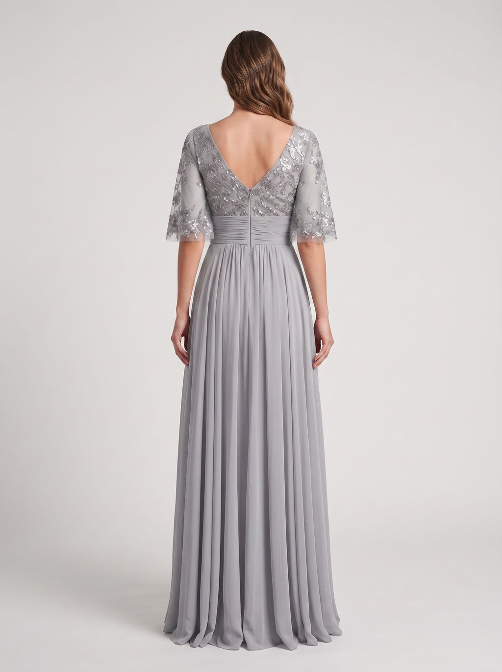 Silver Chiffon A-Line Scoop Neck Back Zip Floor-Length Dress with Sequin Bodice and Half Sleeves