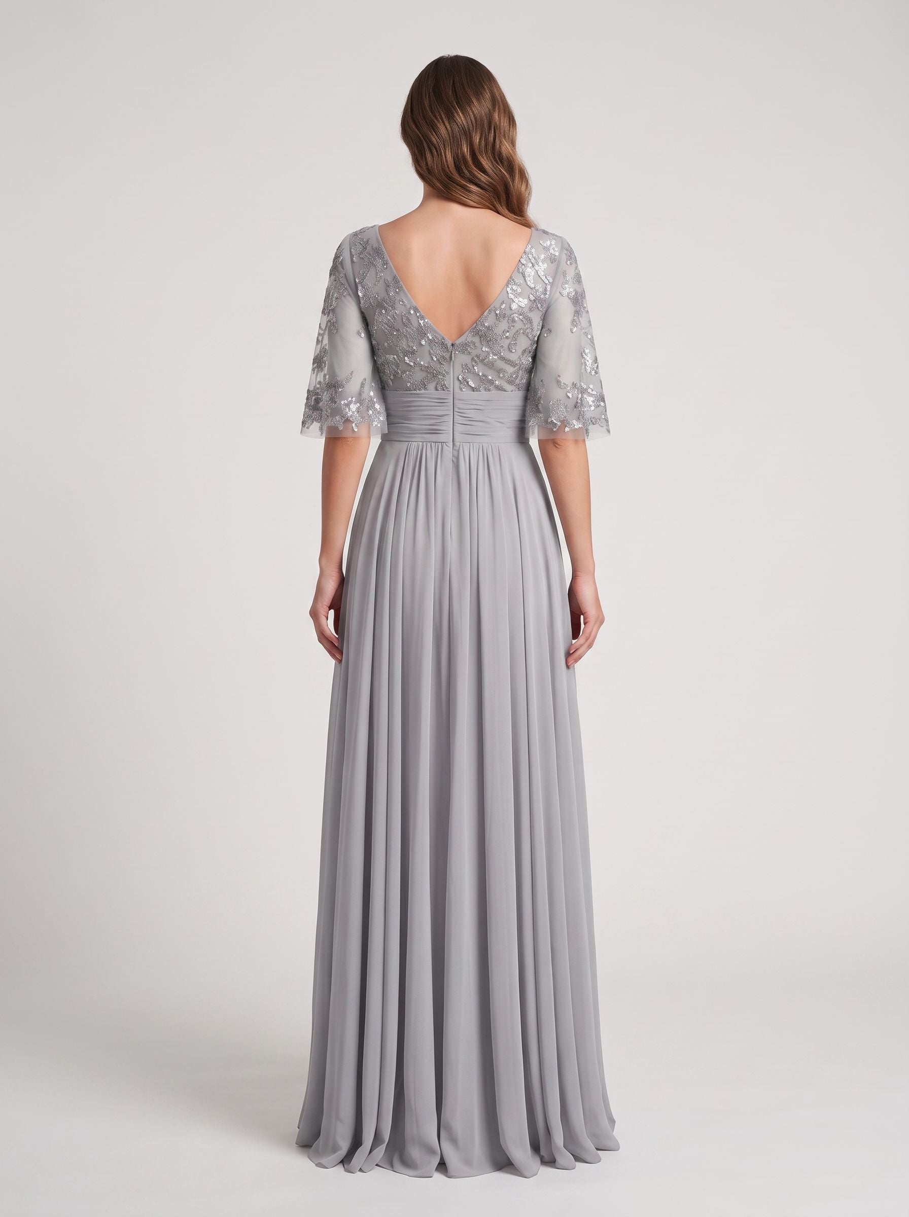 Silver Chiffon A-Line Scoop Neck Back Zip Floor-Length Dress with Sequin Bodice and Half Sleeves