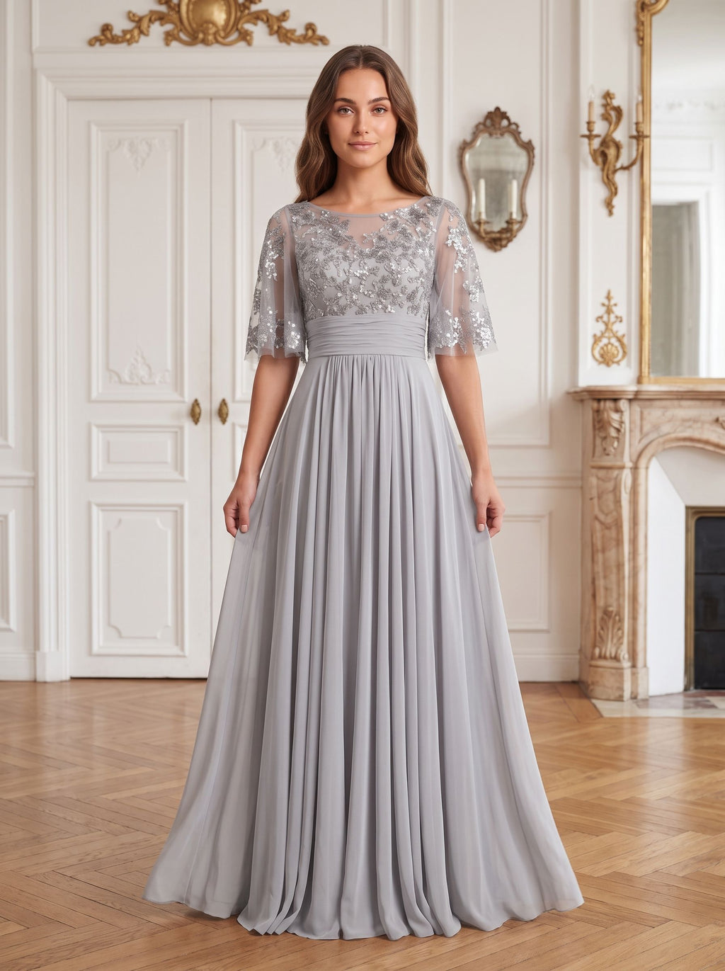 Silver Chiffon A-Line Scoop Neck Back Zip Floor-Length Dress with Sequin Bodice and Half Sleeves