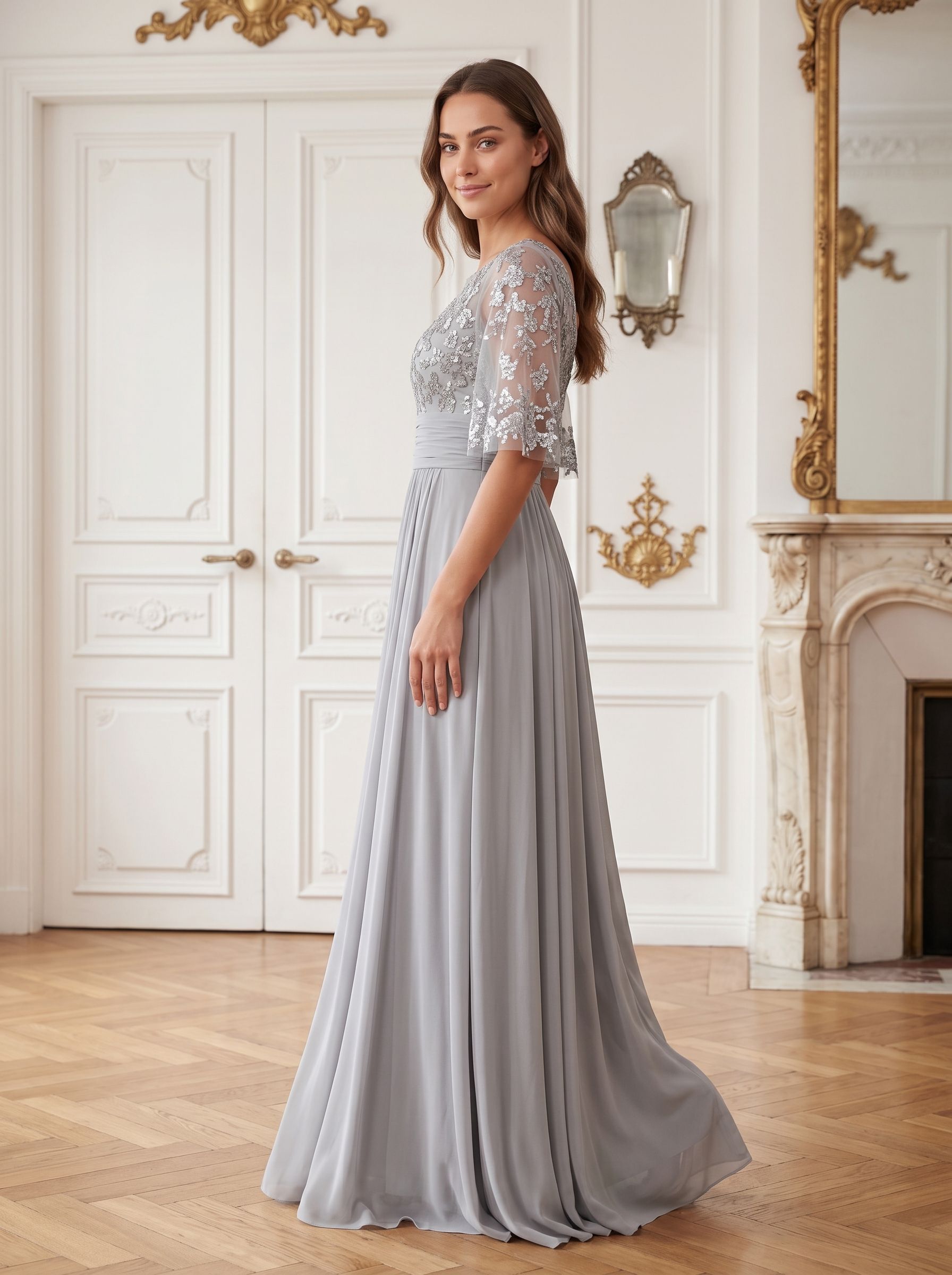 Silver Chiffon A-Line Scoop Neck Back Zip Floor-Length Dress with Sequin Bodice and Half Sleeves
