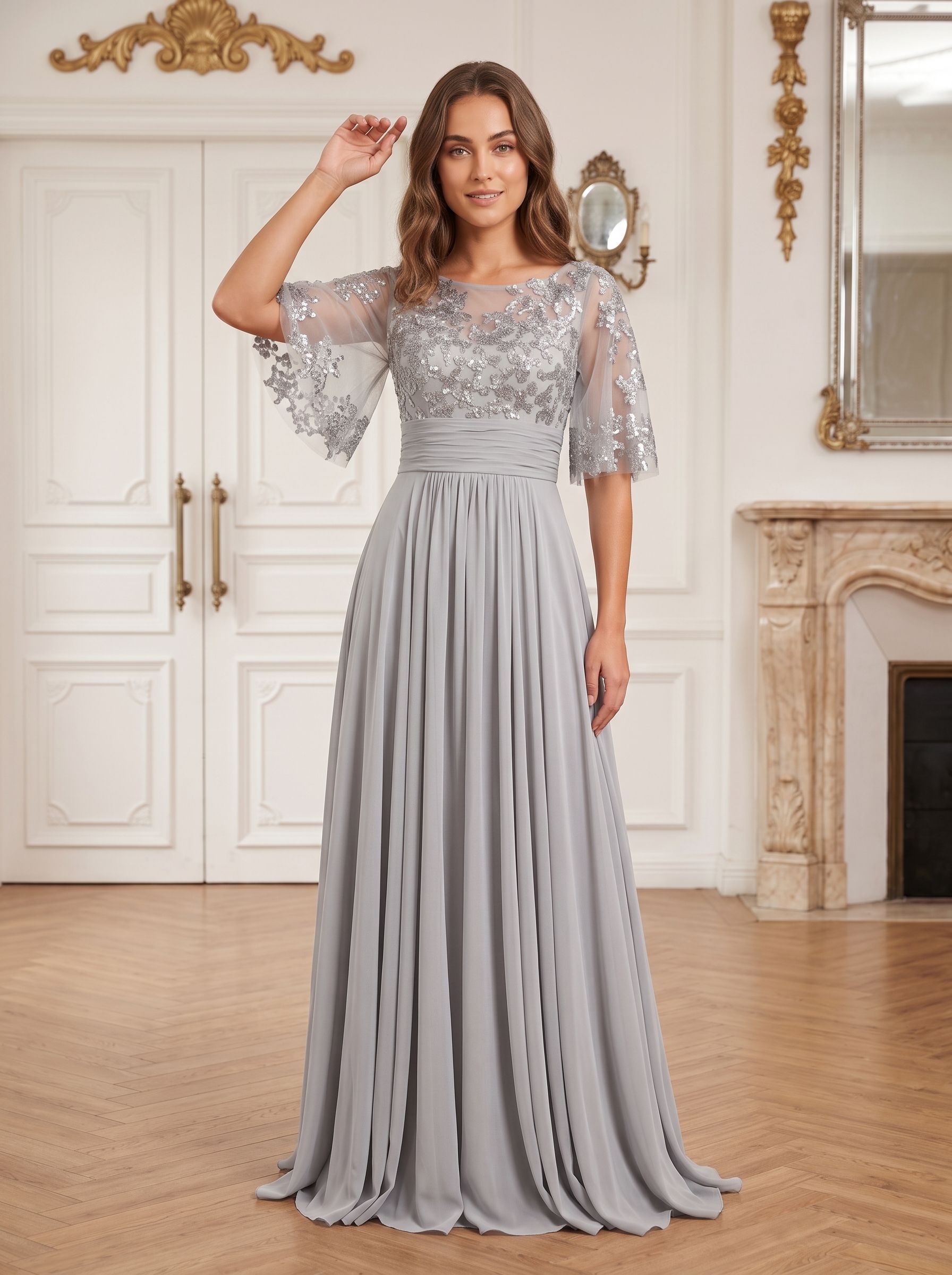 Silver Chiffon A-Line Scoop Neck Back Zip Floor-Length Dress with Sequin Bodice and Half Sleeves