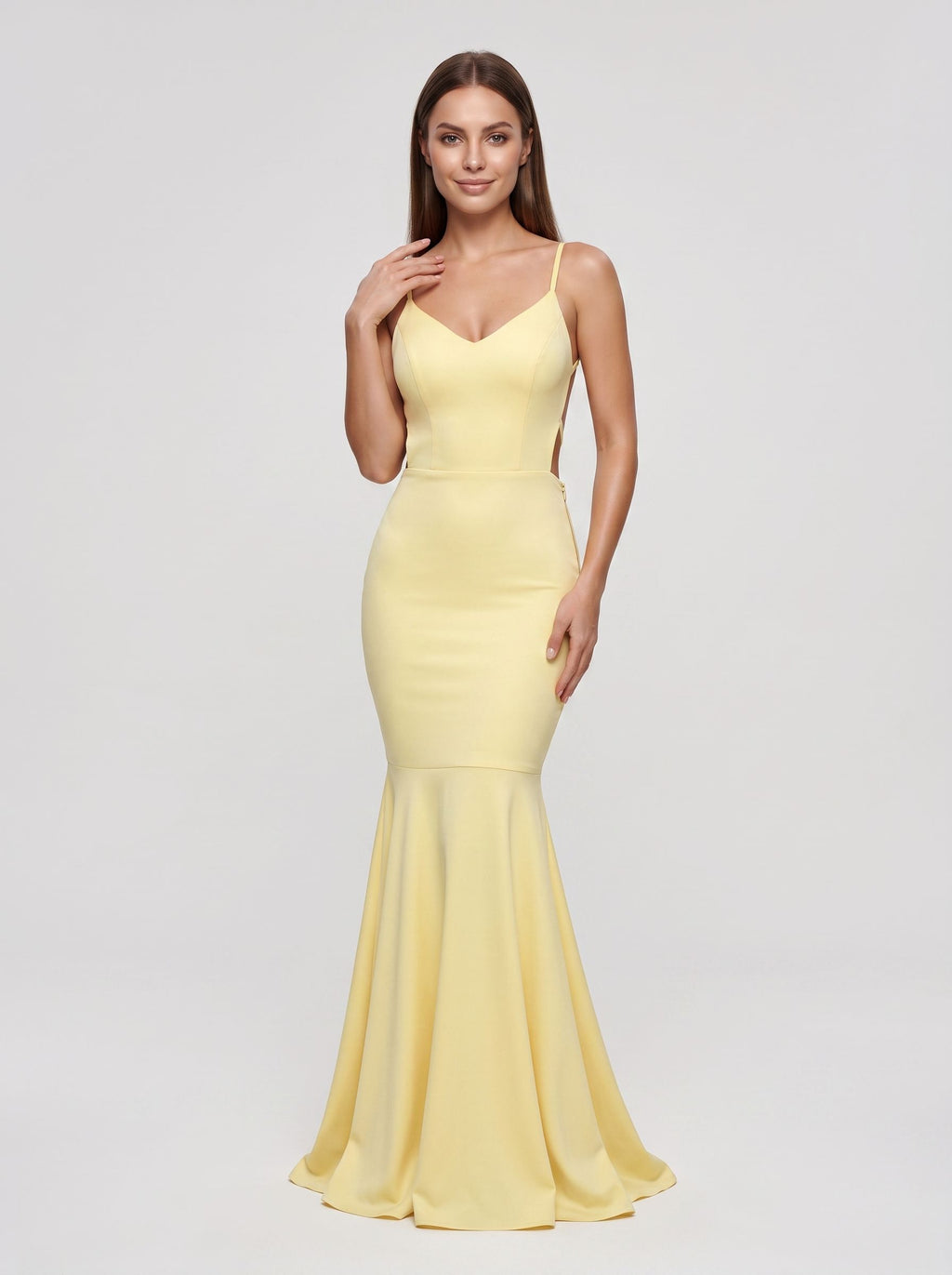 Daffodil Satin Mermaid V-Neck Side Zip Floor-Length Dress with Pleated Bodice