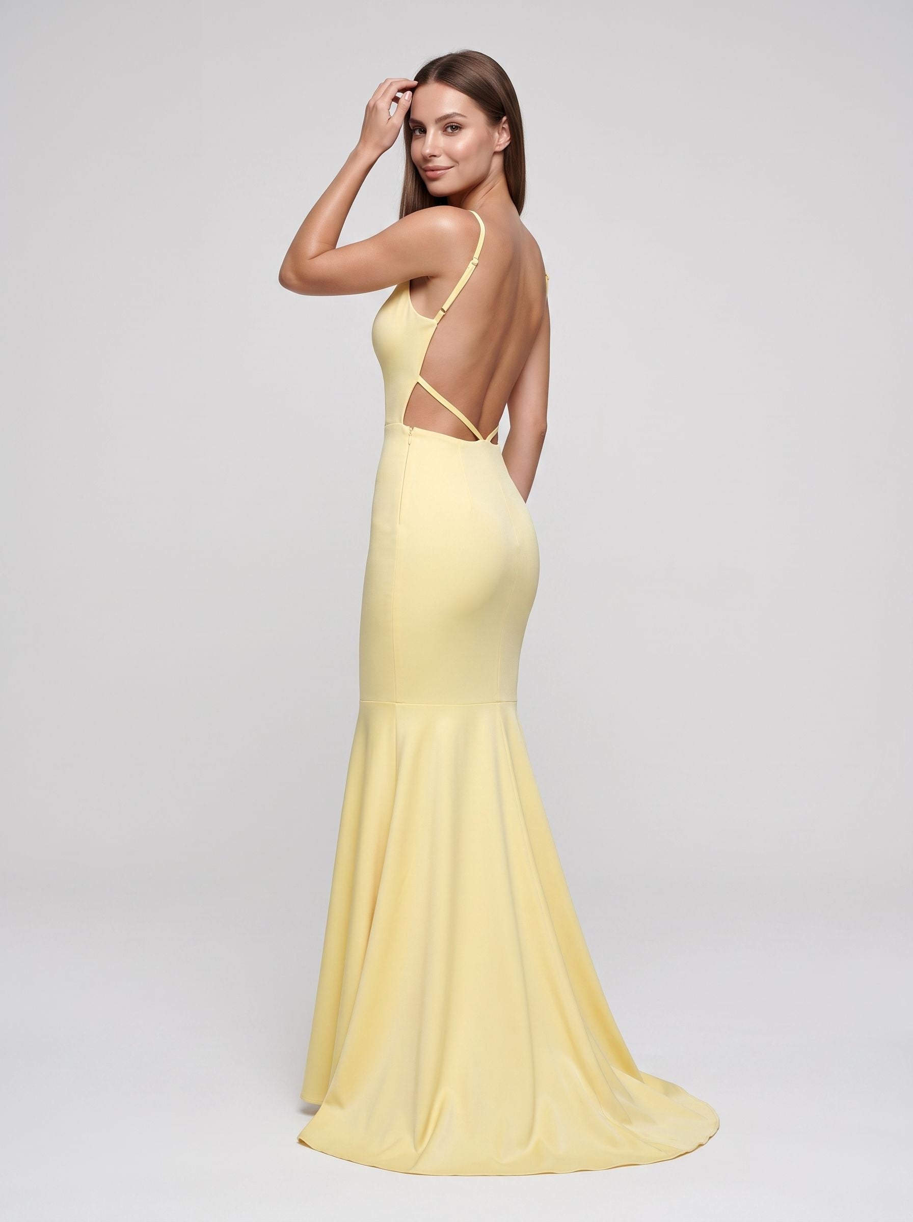 Daffodil Satin Mermaid V-Neck Side Zip Floor-Length Dress with Pleated Bodice