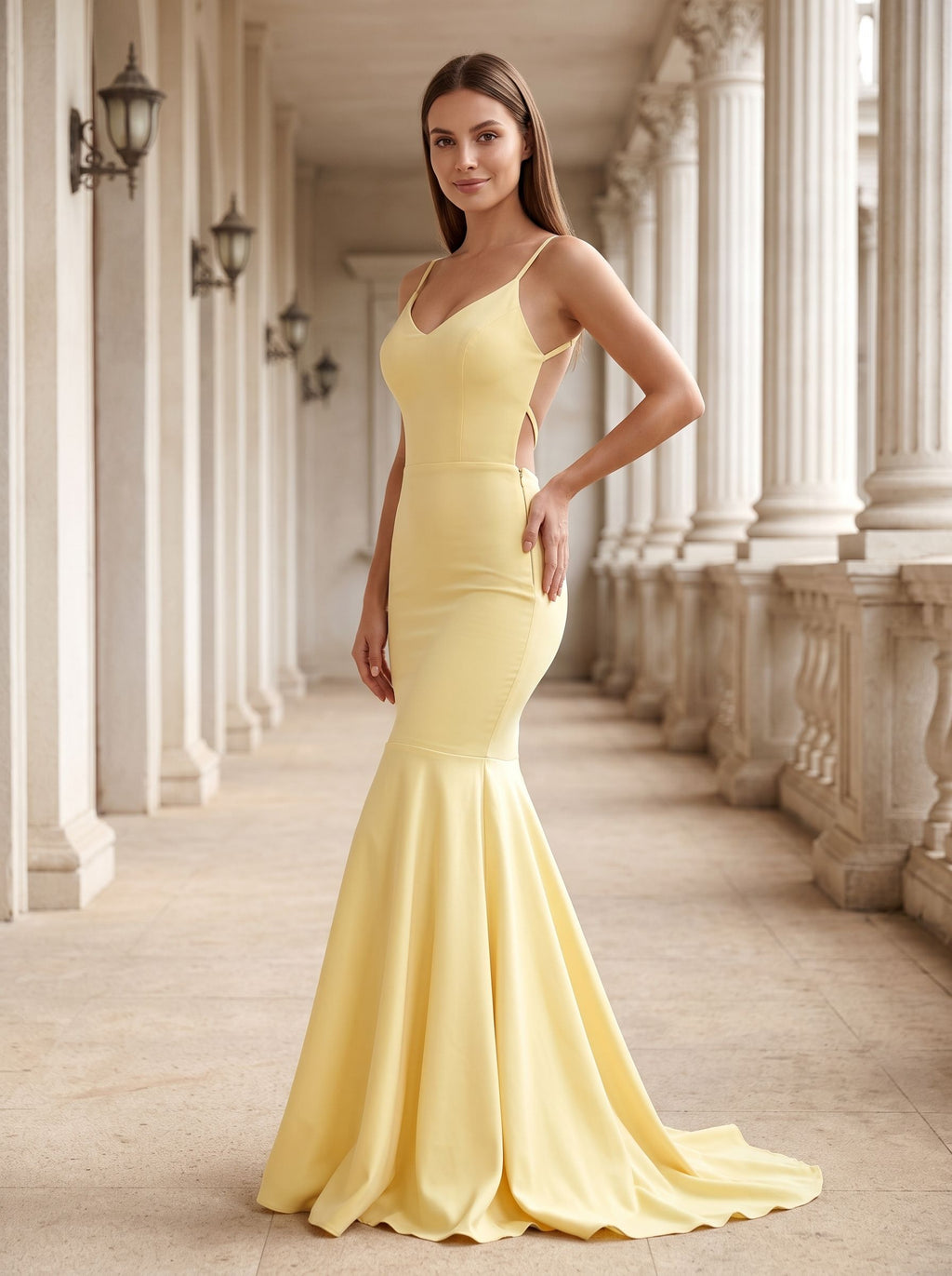Daffodil Satin Mermaid V-Neck Side Zip Floor-Length Dress with Pleated Bodice