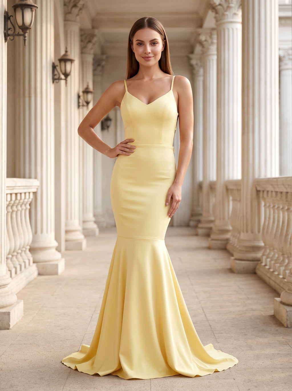 Daffodil Satin Mermaid V-Neck Side Zip Floor-Length Dress with Pleated Bodice