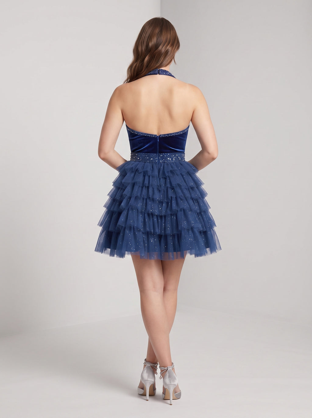Navy Blue Tulle A-Line Halter neckline Back Zip Short Dress with Beaded Bodice