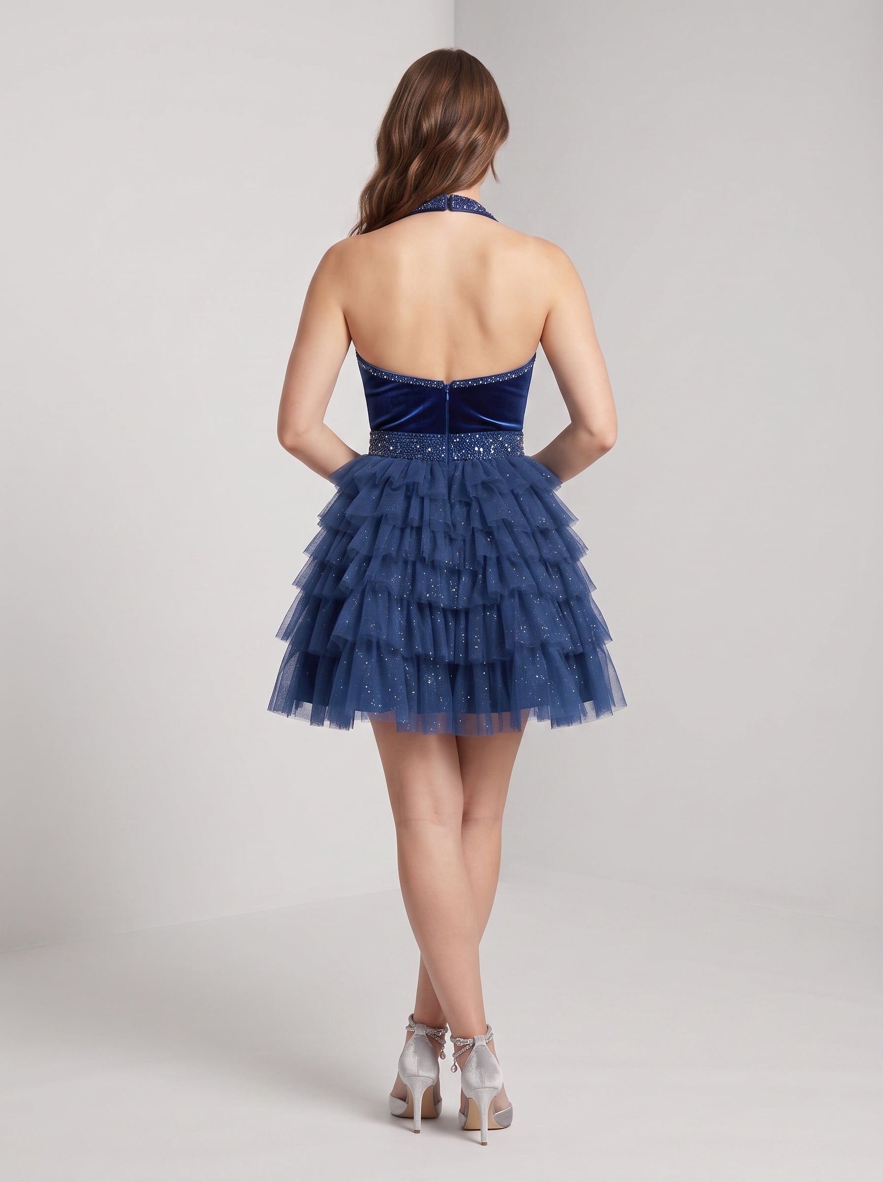 Navy Blue Tulle A-Line Halter neckline Back Zip Short Dress with Beaded Bodice