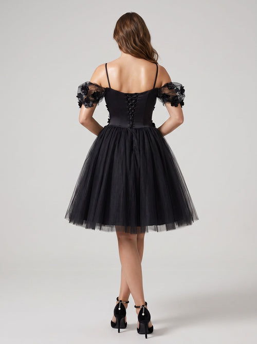 Black Tulle A-Line Off-the-Shoulder Criss-Cross Straps Short Dress with Sweetheart Bodice