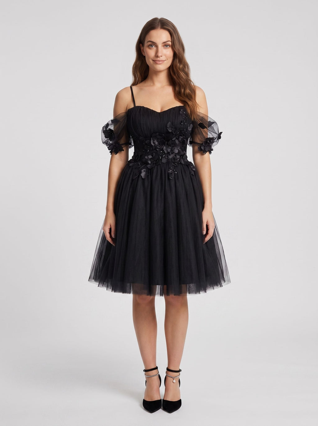 Black Tulle A-Line Off-the-Shoulder Criss-Cross Straps Short Dress with Sweetheart Bodice